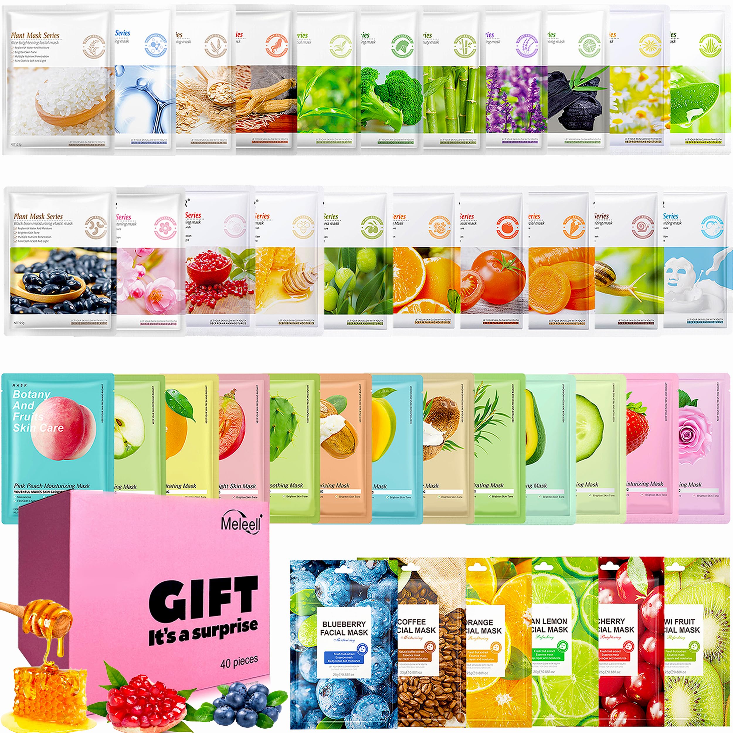 Meleell 40-pack collagen face masks ready for use, hydrating all skin types.