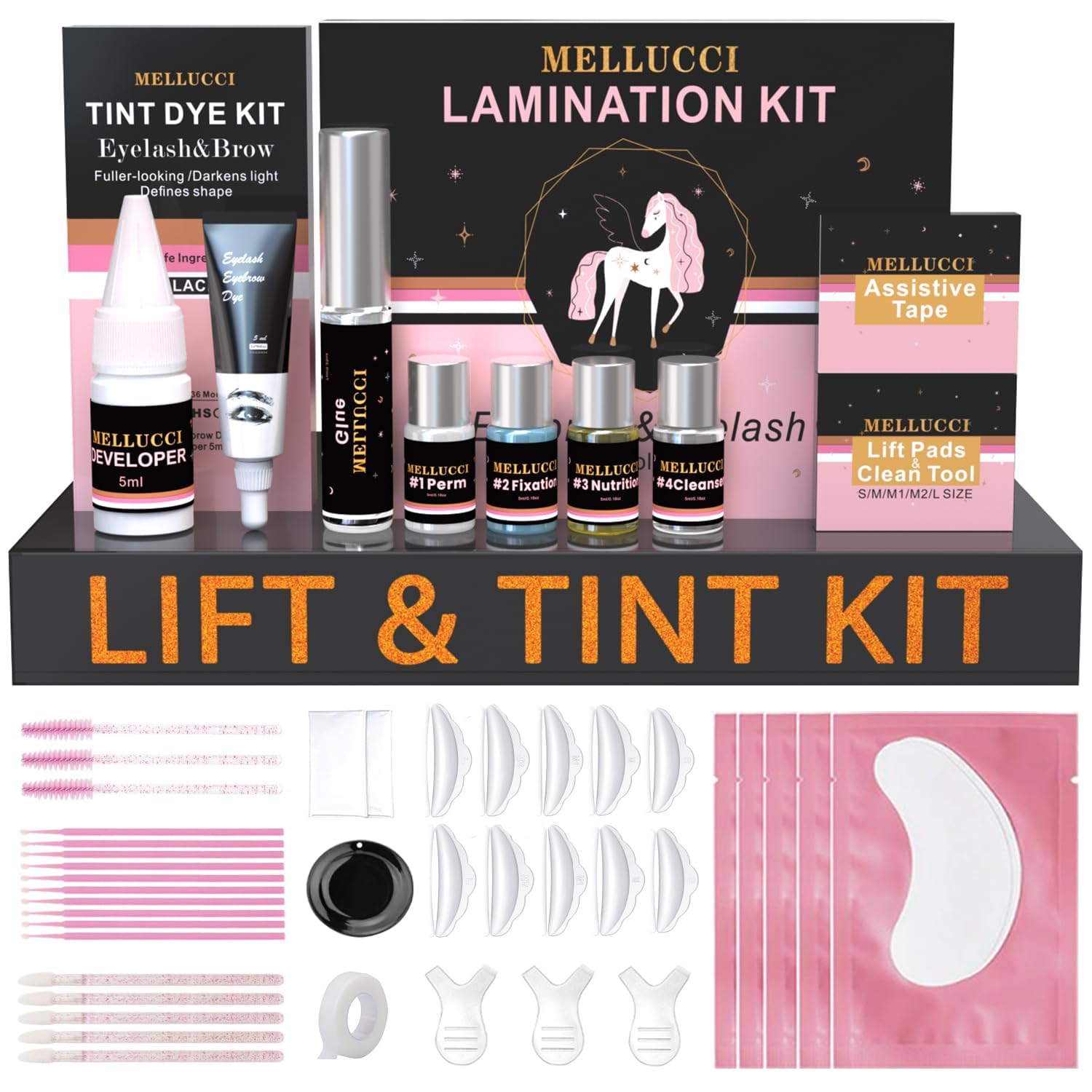MELLUCCI lash lift kit packaging ready for salon or DIY use with professional results.