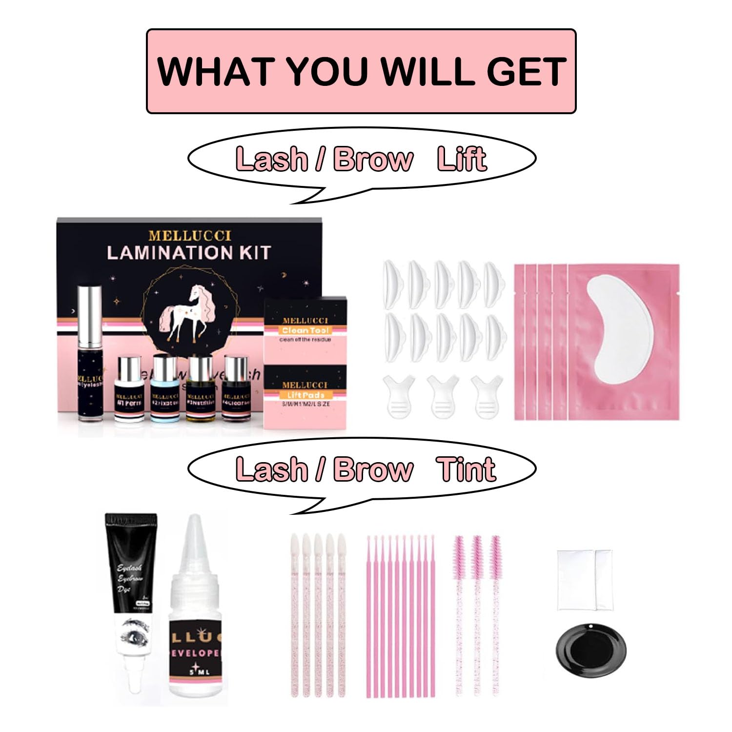 MELLUCCI lash lift tools included enable precise lash curling.