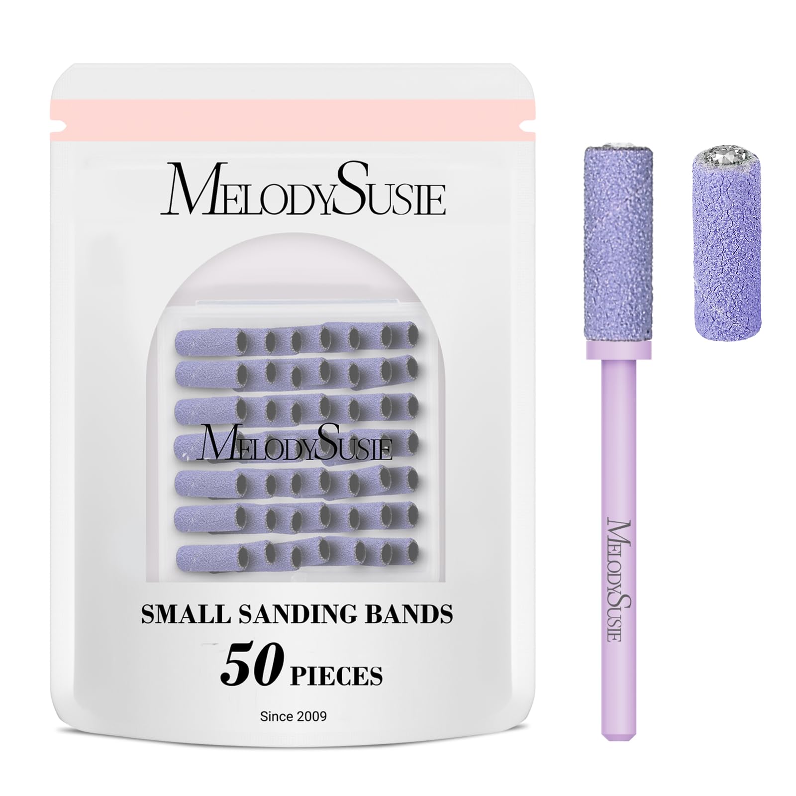 MelodySusie 50pc nail drill bits with small sanding bands and 3.1mm mandrel for precise shaping.