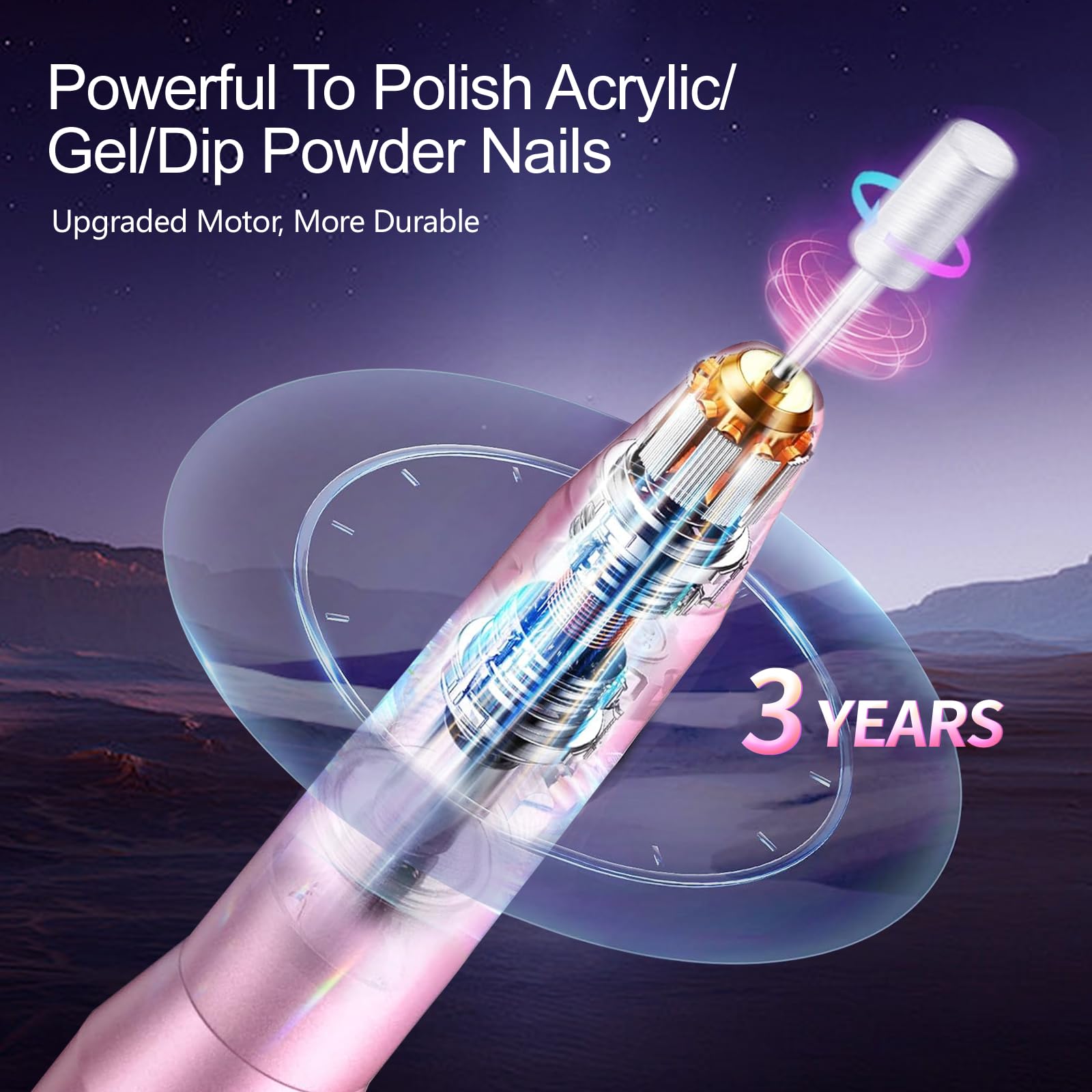 Melodly iridescent mandrel bit for precise filing and shaping.