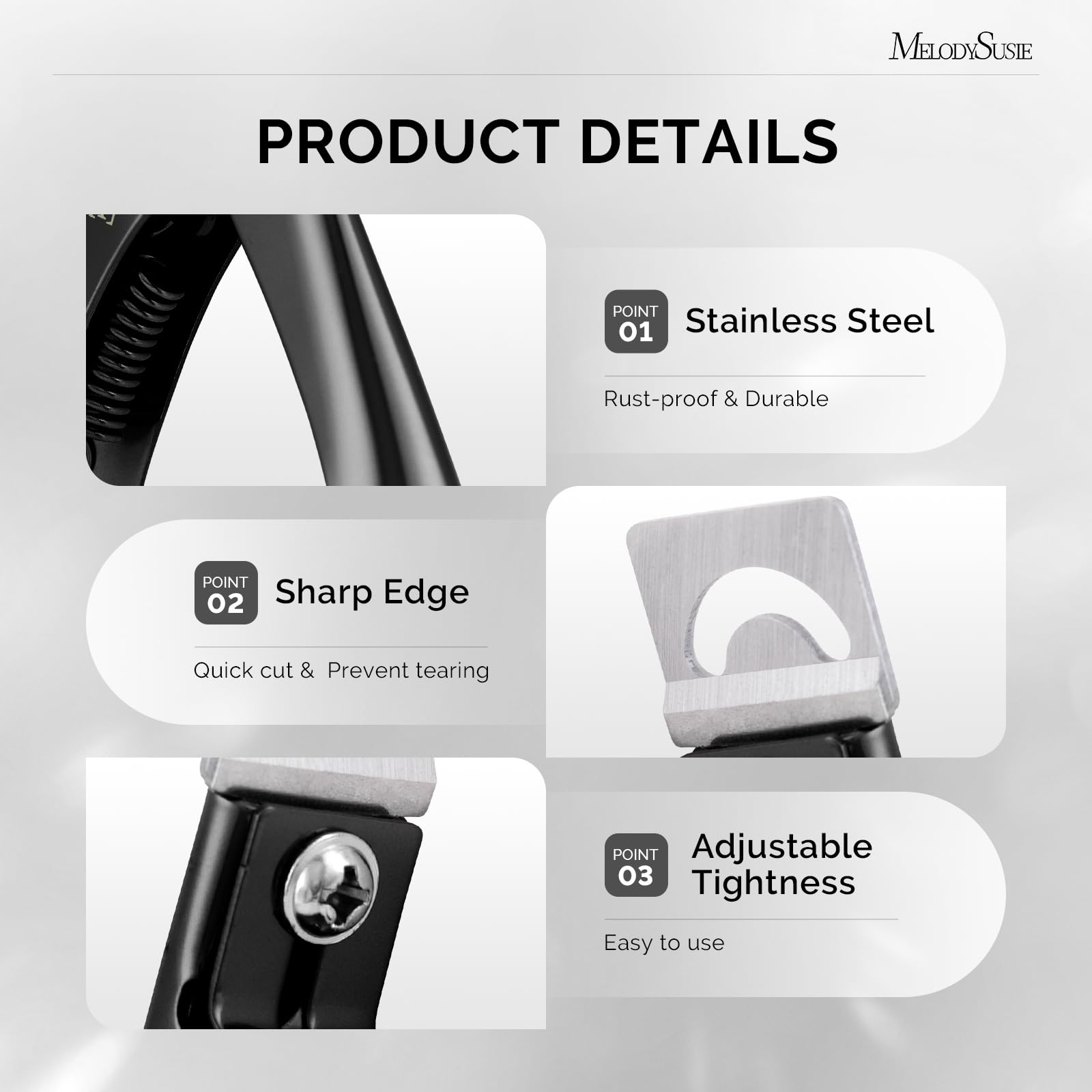MelodySusie acrylic nail clippers stainless steel construction for rust resistance and durability.