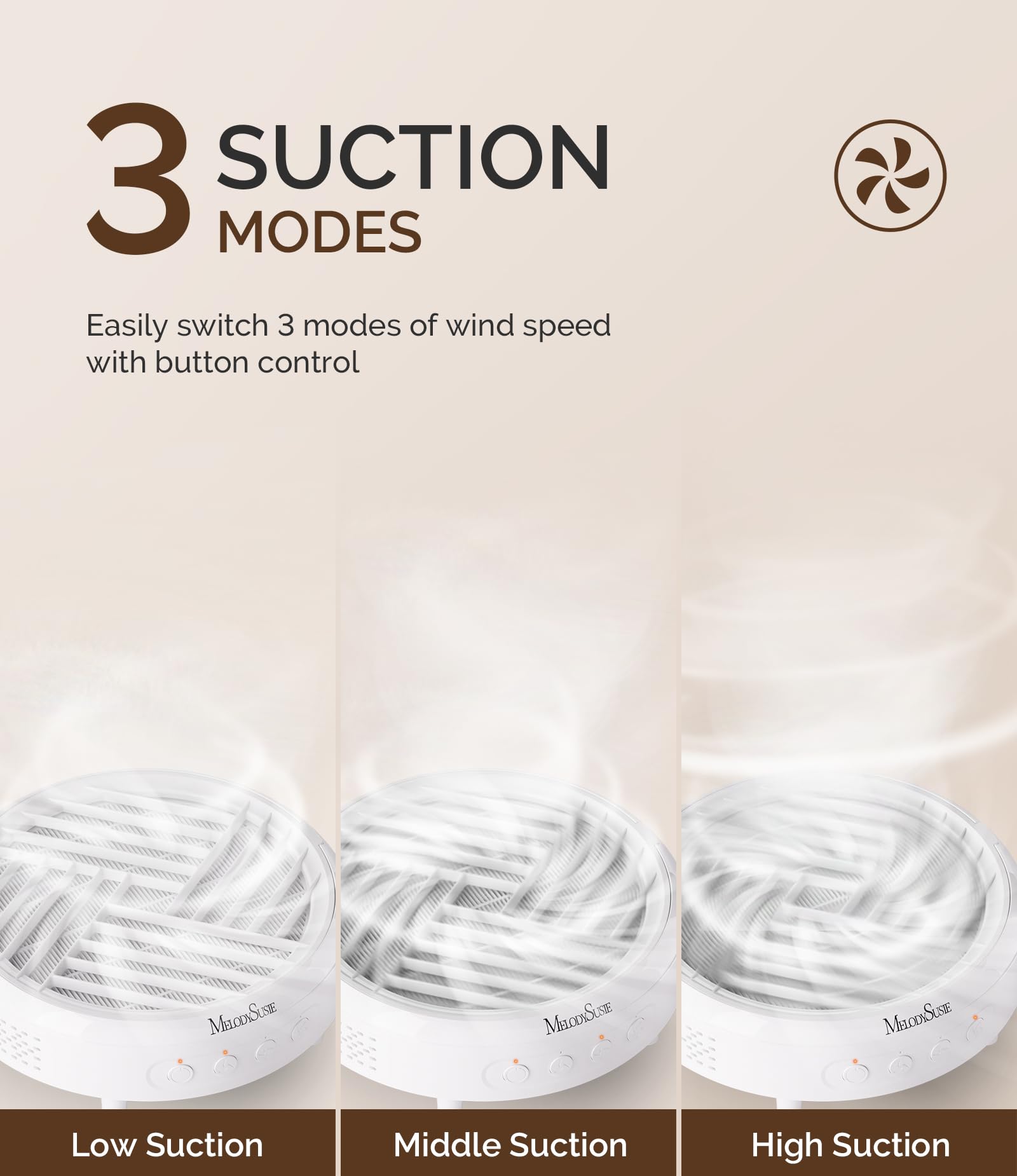 MelodySusie dust collector demonstrating three suction level controls for customized power.