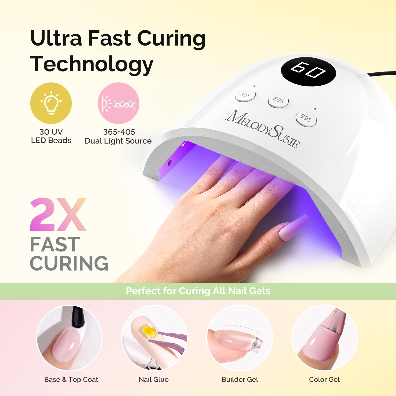 MelodySusie P-Plus30F lamp demonstrates fast gel curing with three timers