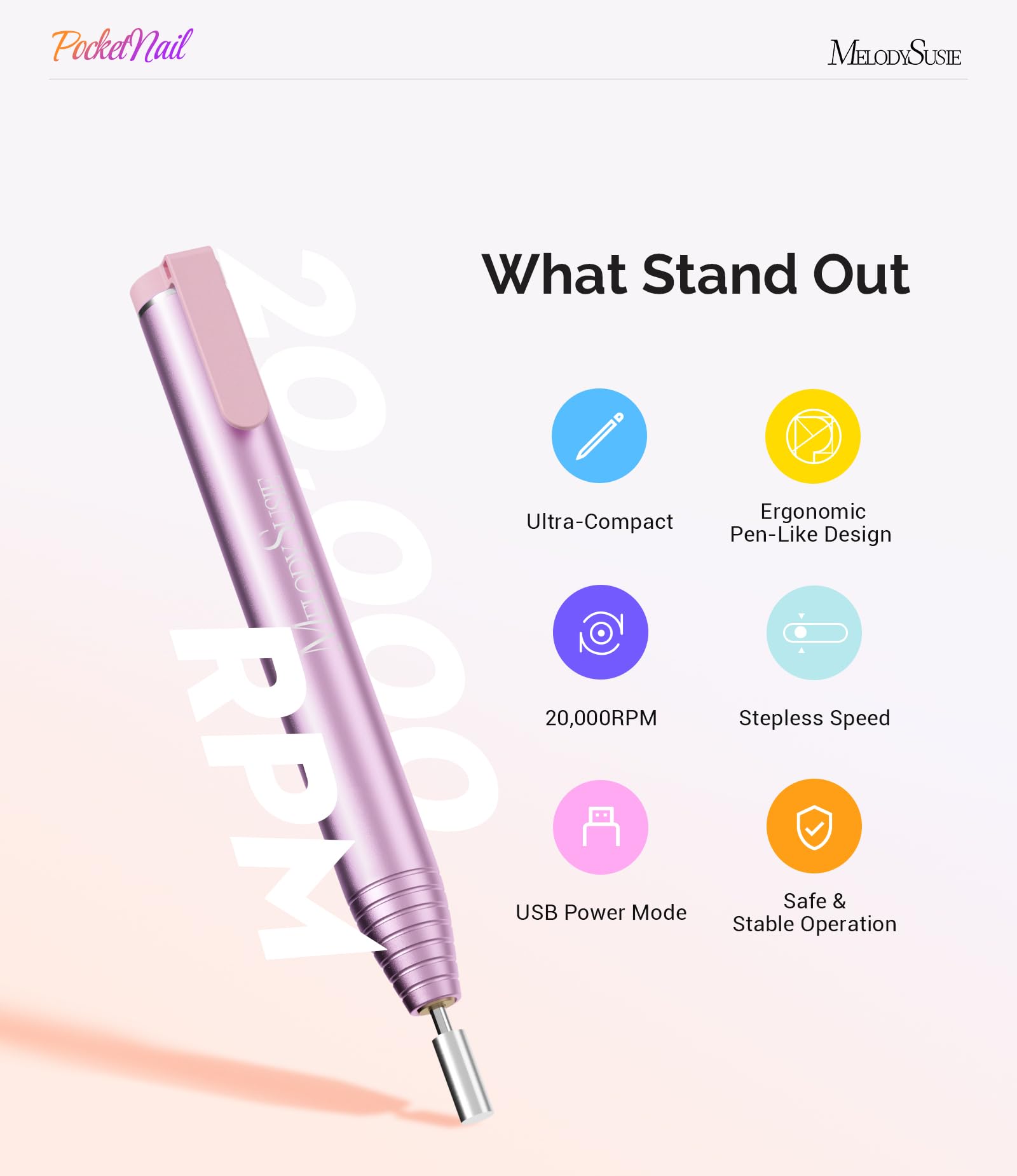 MelodySusie USB-powered-nail-drill power source supports laptops and power banks for travel.