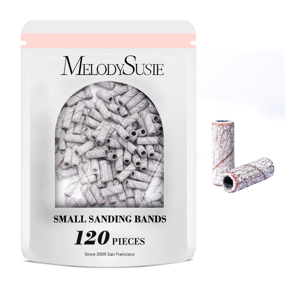 MelodySusie small sanding bands on a 3-1mm mandrel provide precise gel manicure shaping.