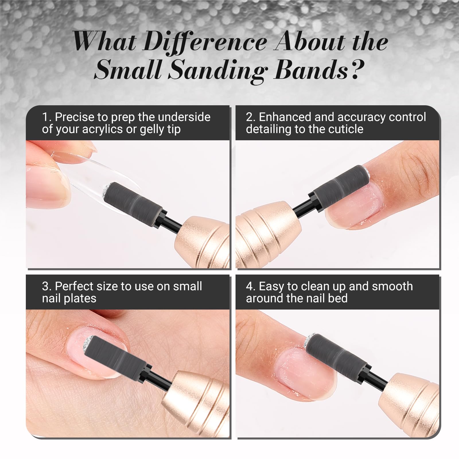 MelodySusie 180 grit sanding band for smooth surface and cuticle prep.