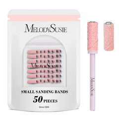 MelodySusie pink 50-piece nail drill bits packaging highlights organized salon prep options.