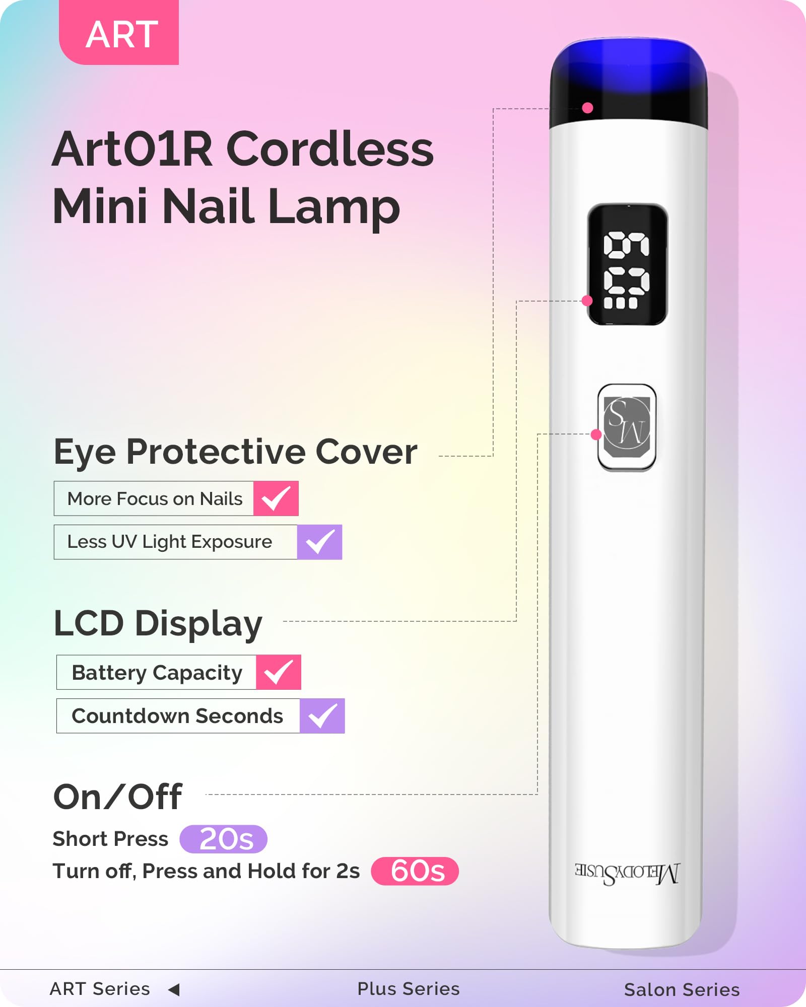 MelodySusie ART01R rechargeable battery view showing long-lasting power for travel.