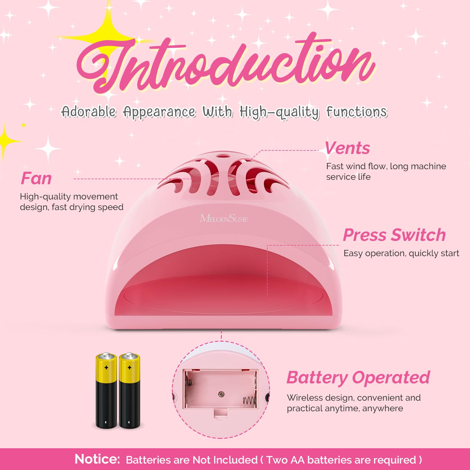 MelodySusie battery-operated nail dryer offers flexible use with batteries or a plug.