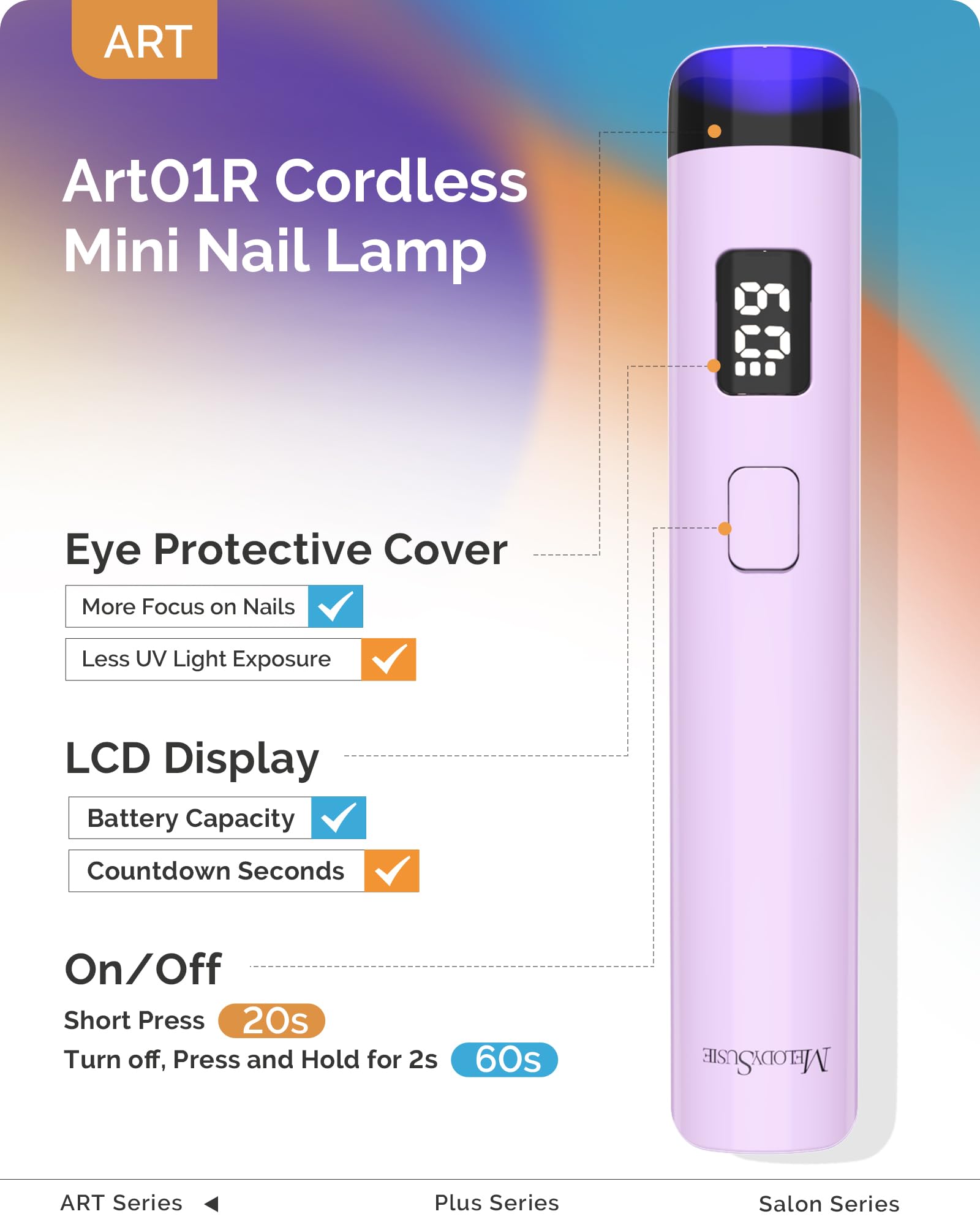 MelodySusie cordless nail lamp with LCD display shows timer status.