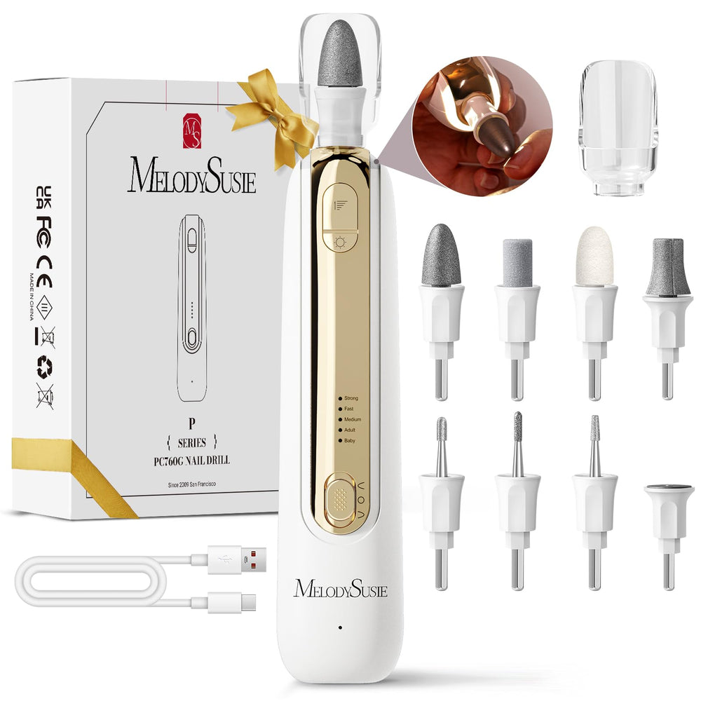 MelodySusie cordless pedicure nail drill in use for at home nail care and travel