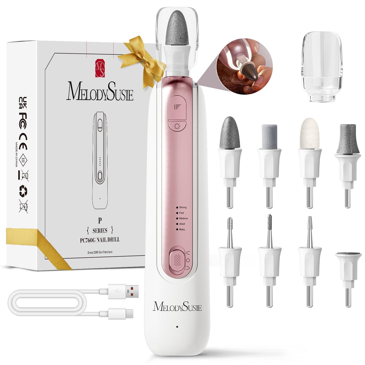 MelodySusie cordless pedicure nail drill showing portable home spa use.