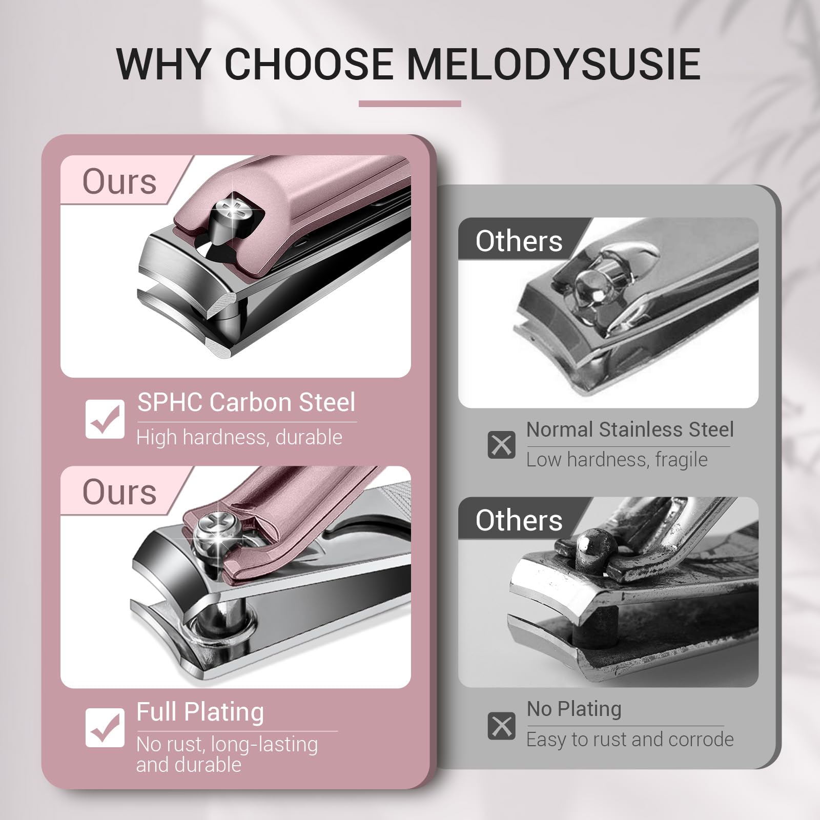 MelodySusie curved-blade nail clippers for smooth, one-cut shaping.