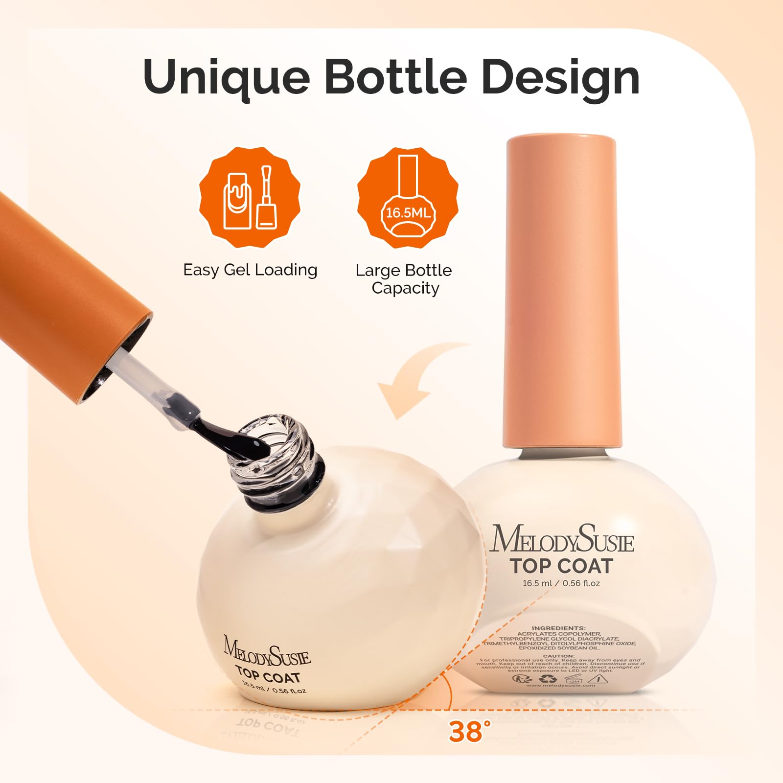 MelodySusie glassy top bottle tilt-angle highlights a high-gloss, long-wear finish.