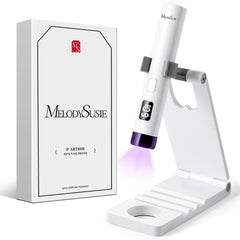 MelodySusie handheld UV light with stand front view for hands-free nail curing.