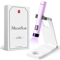 MelodySusie handheld UV light with stand enables hands-free gel nail curing.