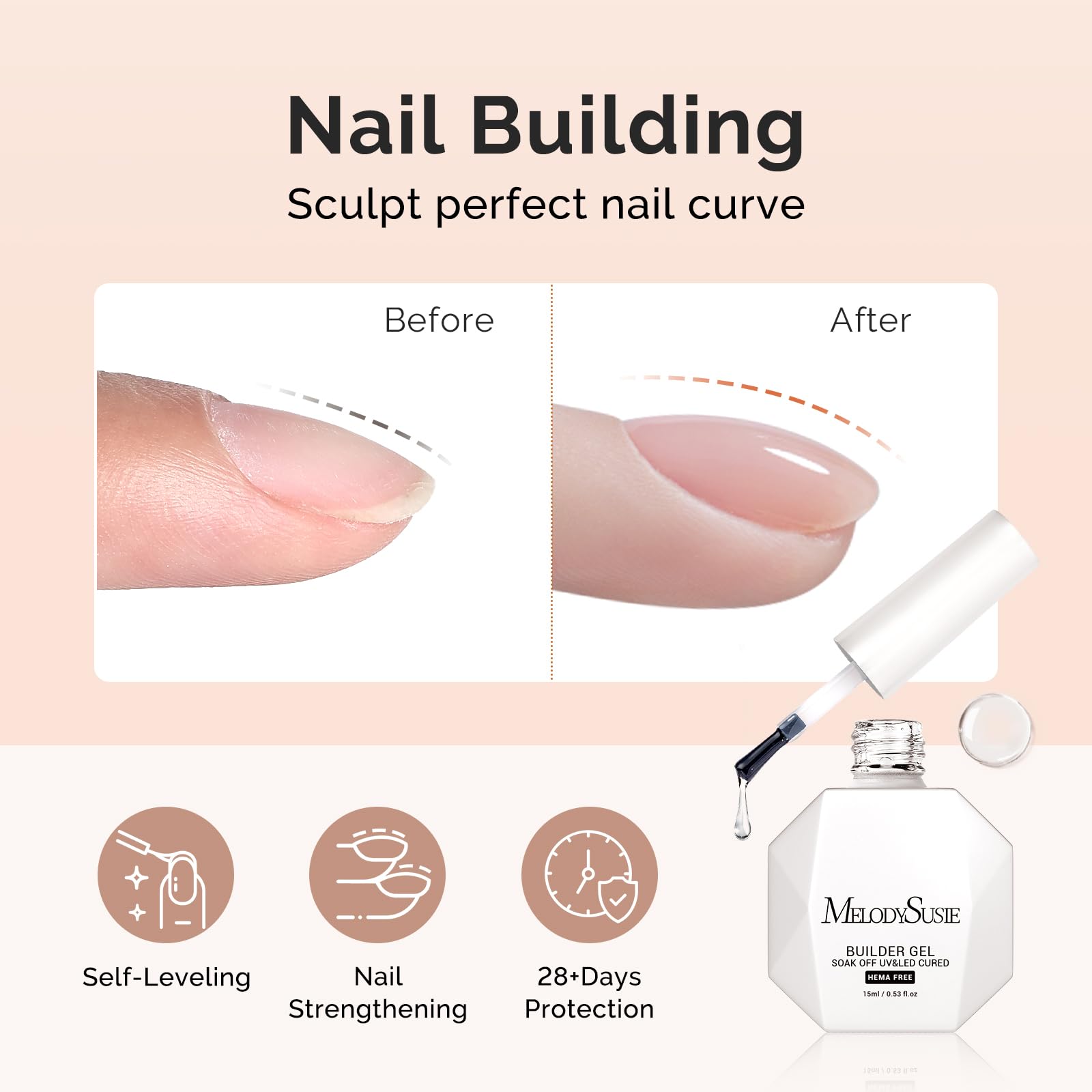 MelodySusie Hema Free Clear Builder Gel building-apex shows durable thickness for reinforced nails.