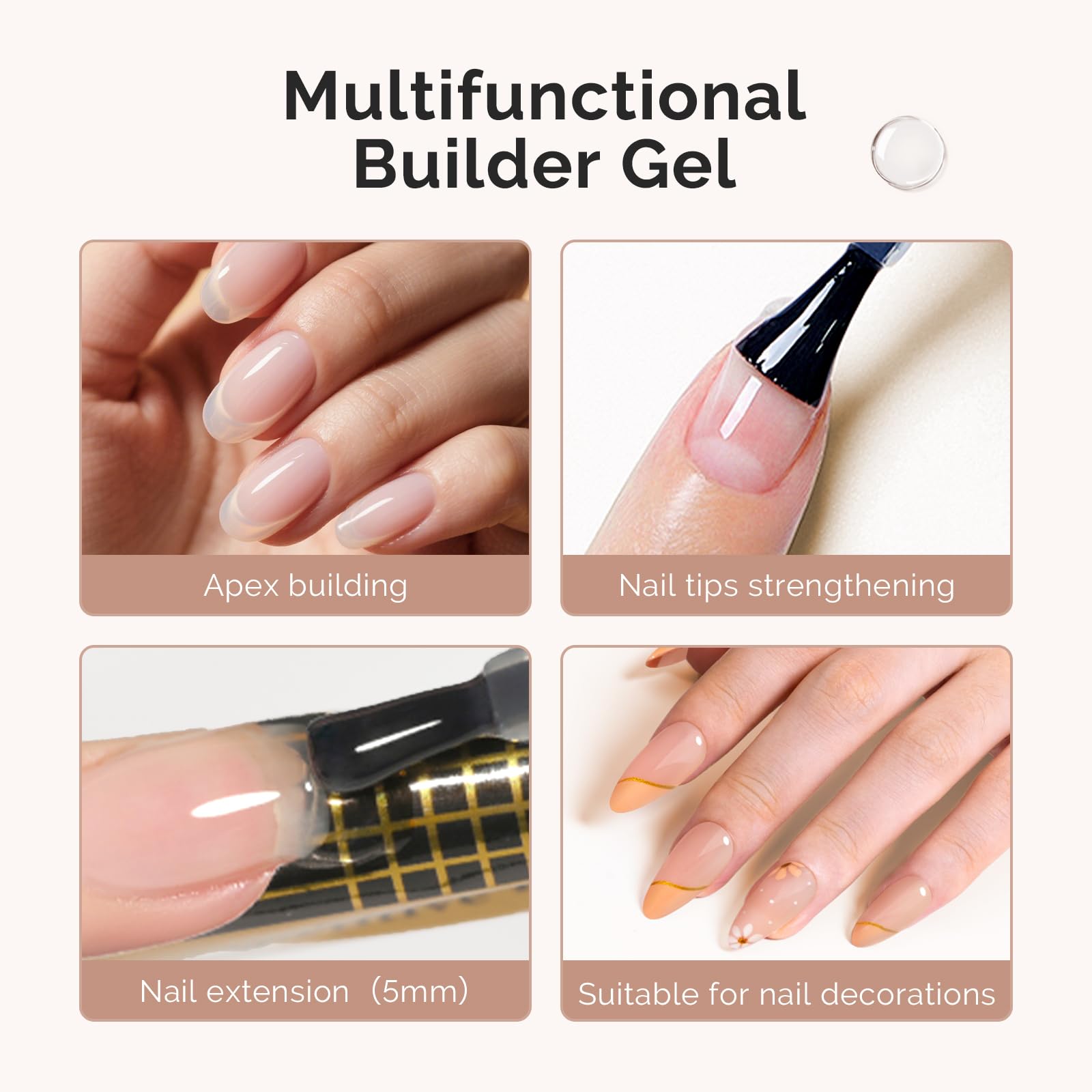 MelodySusie Hema Free Clear Builder Gel length-extension enables smooth, lasting nail length.