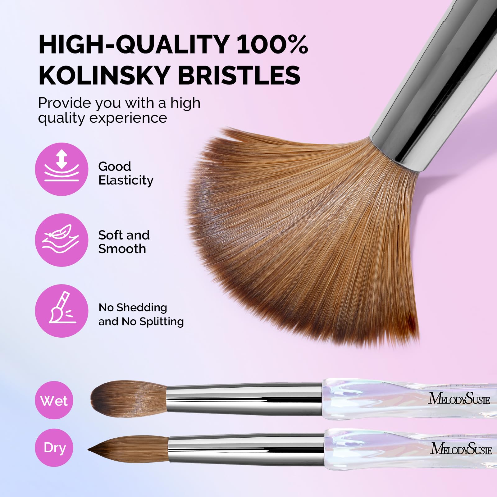 MelodySusie Kolinsky brush pre-use guide showing bristle spread and prep steps.