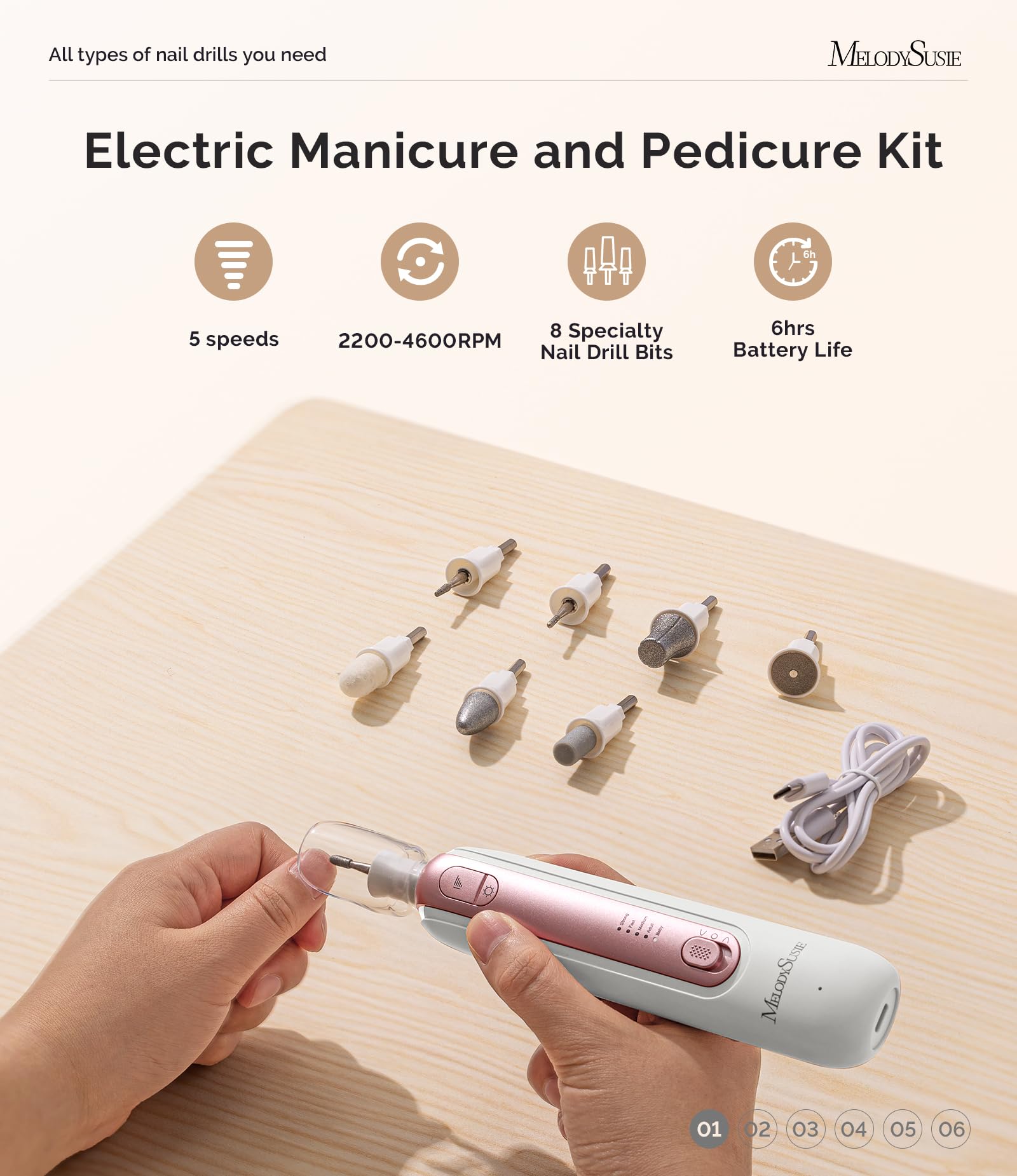 MelodySusie 360-degree LED light highlights precise nail shaping.
