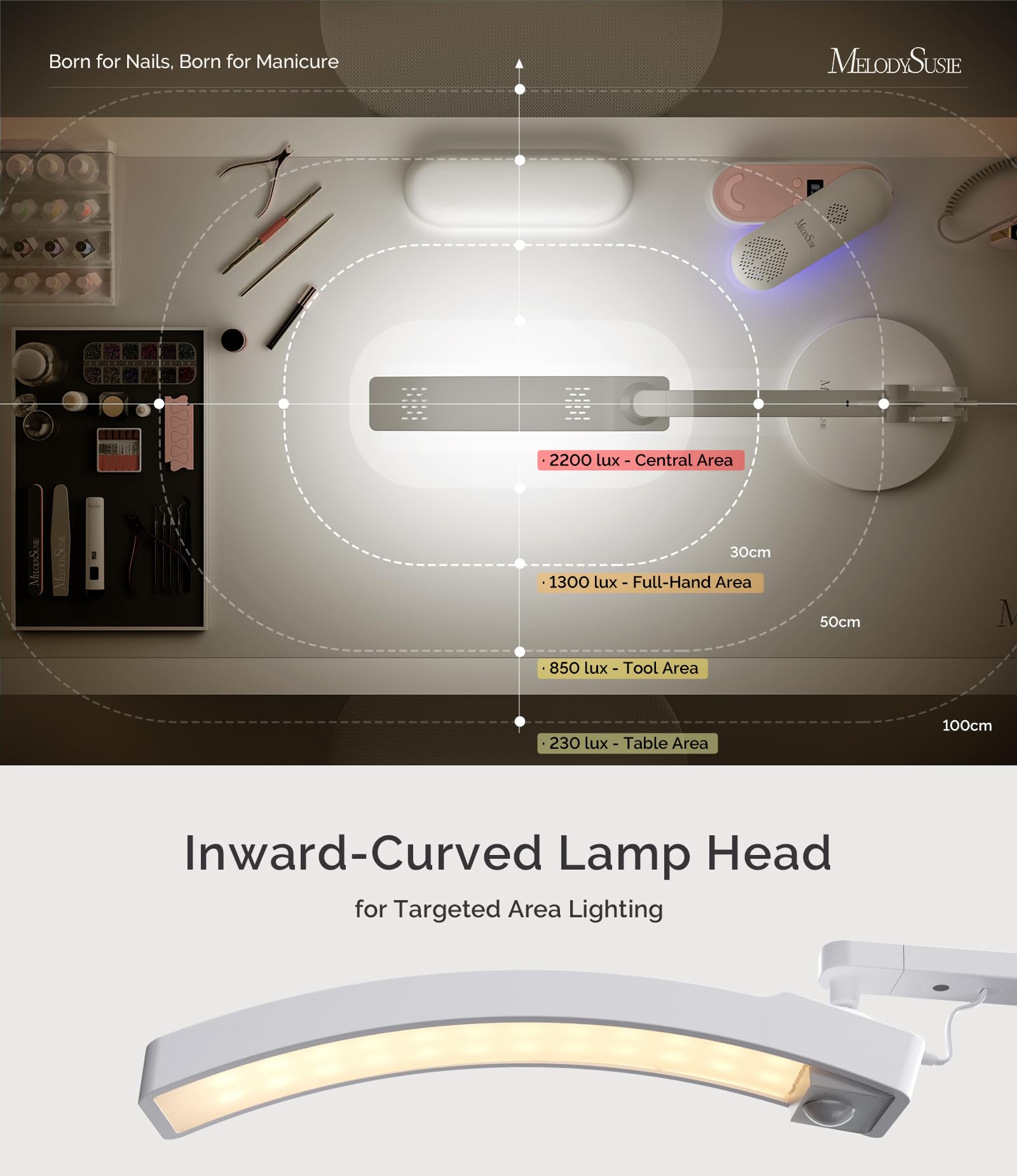 MelodySusie lamp arm motion allows precise multi-angle positioning for flawless nail art.