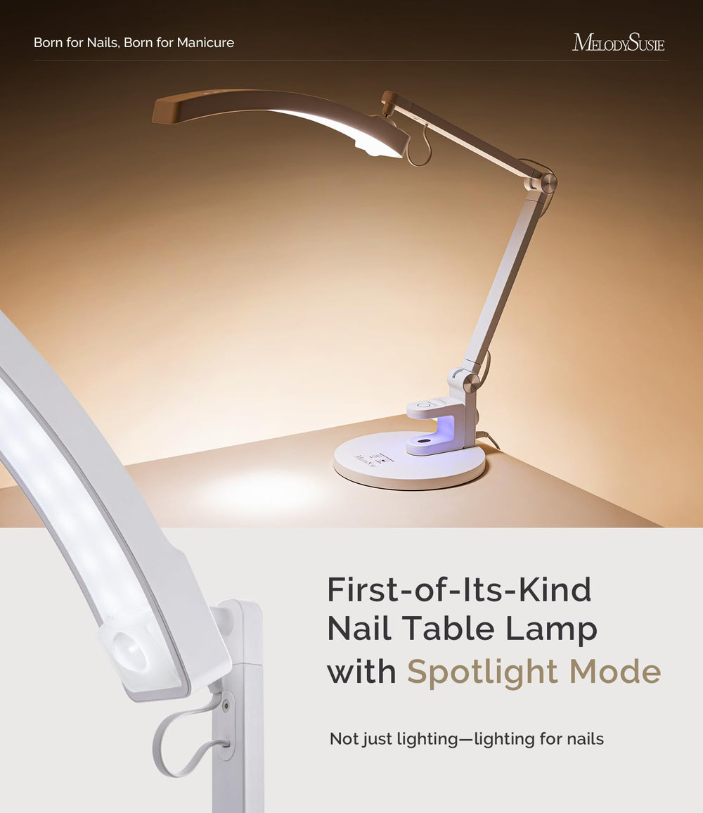 MelodySusie LED manicure table lamp spotlight bead highlights intricate nail art with focused illumination.