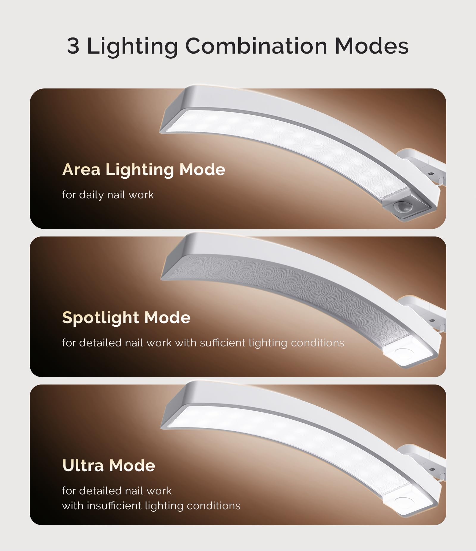 MelodySusie lamp tilt adjustment enables comfortable, shadow-free manicure angles.