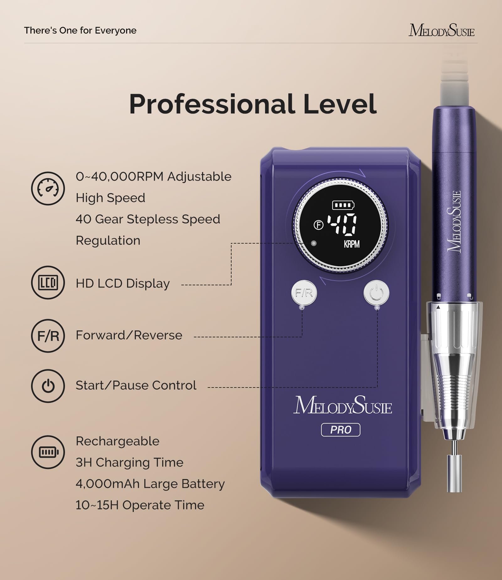 40-speed dial on MB420G enables precise nail shaping up to 40,000 RPM.