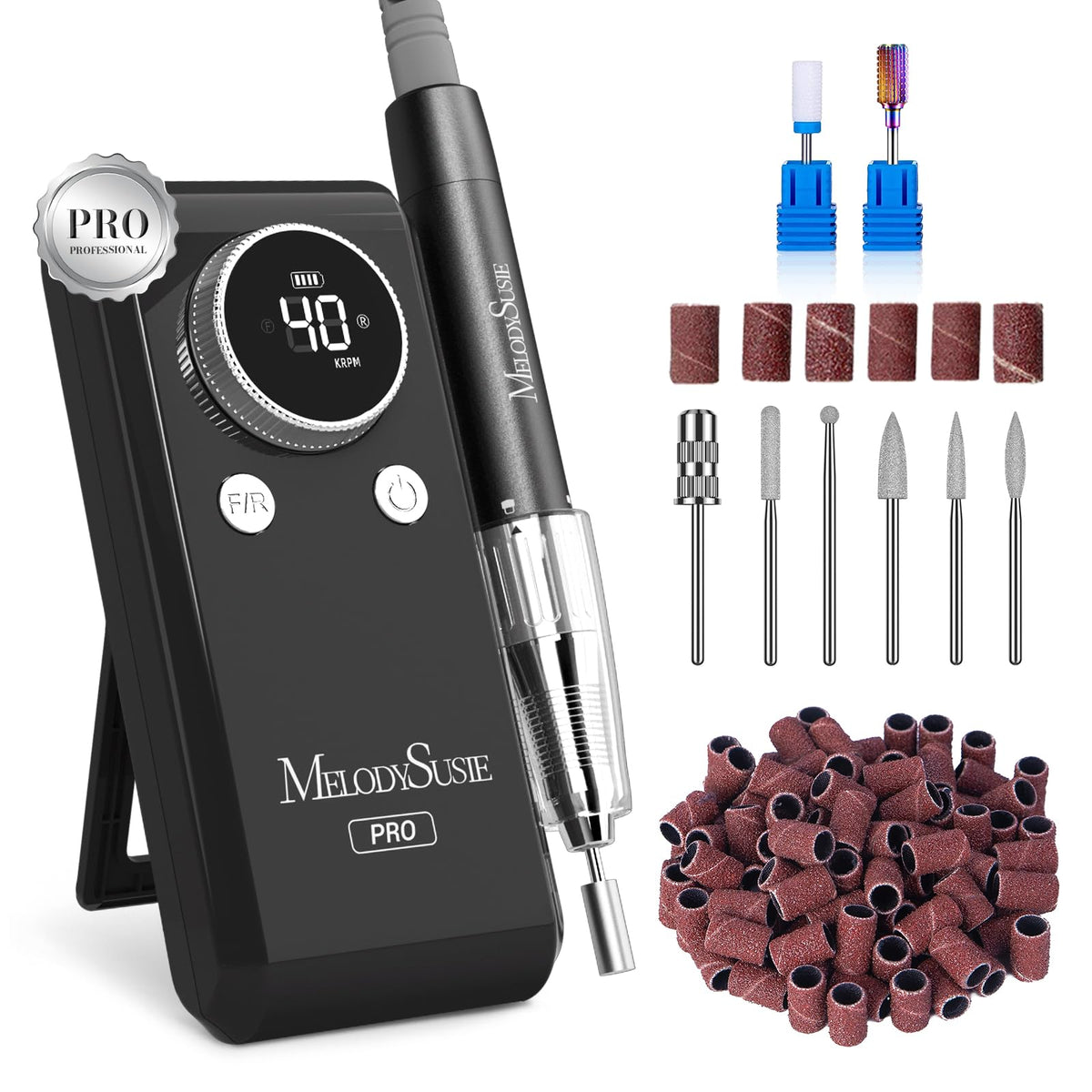 MelodySusie MB420G nail drill front view with 40,000 RPM brushless motor for efficient shaping.