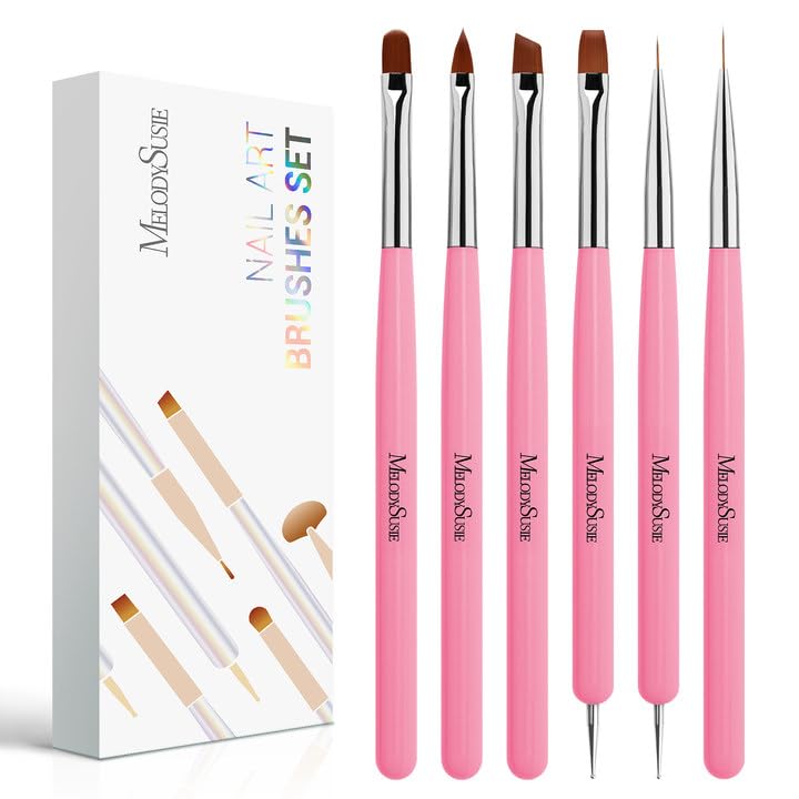 MelodySusie nail art brushes set 6pcs laid out for precise detailing and DIY manicures.