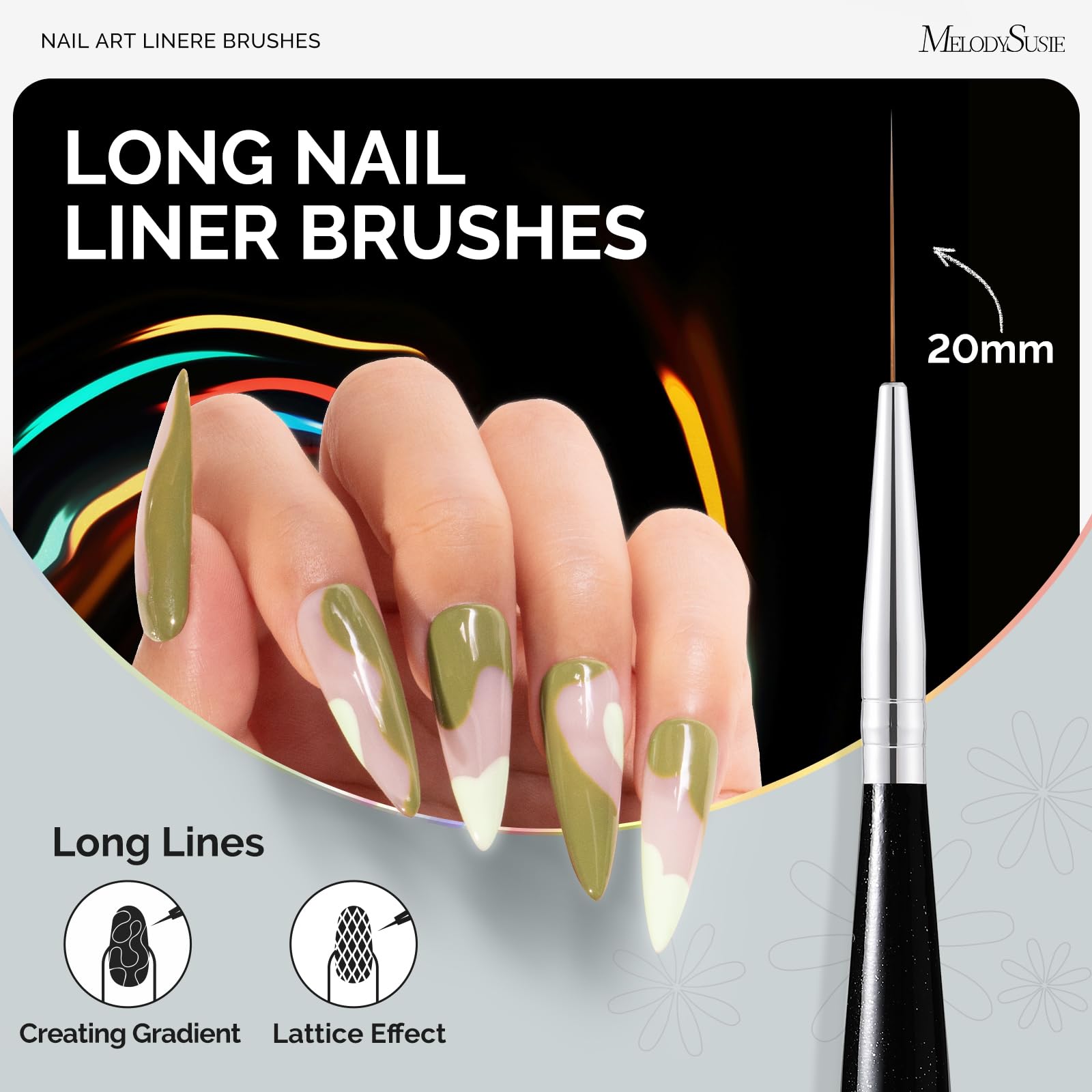 MelodySusie Nail Art Liner Brush 20mm for long sweeping lines and larger designs.