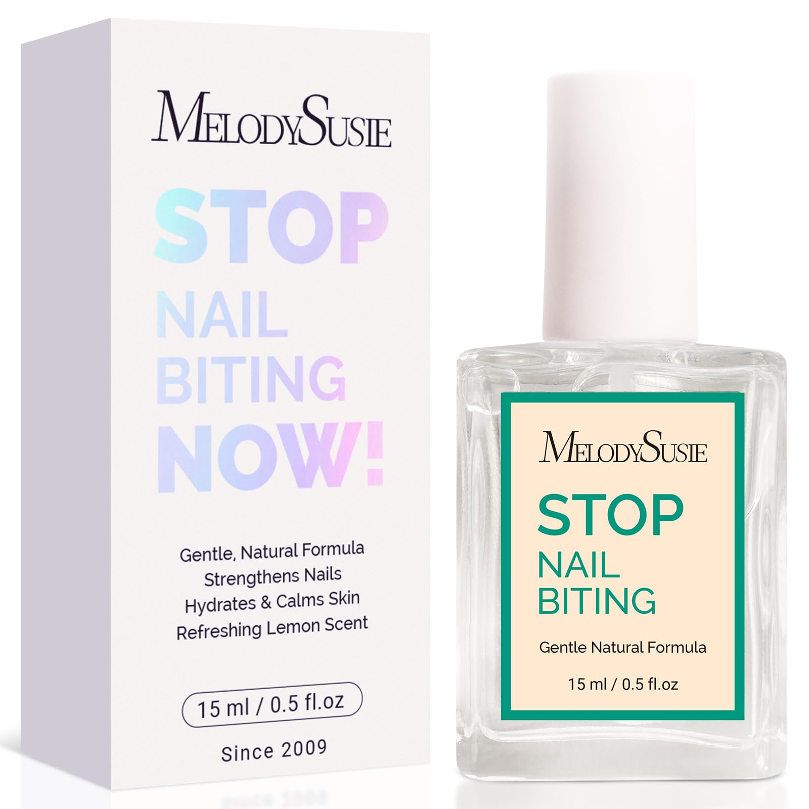 MelodySusie nail biting treatment bottle shows quick-dry, long-lasting protection for daily use.