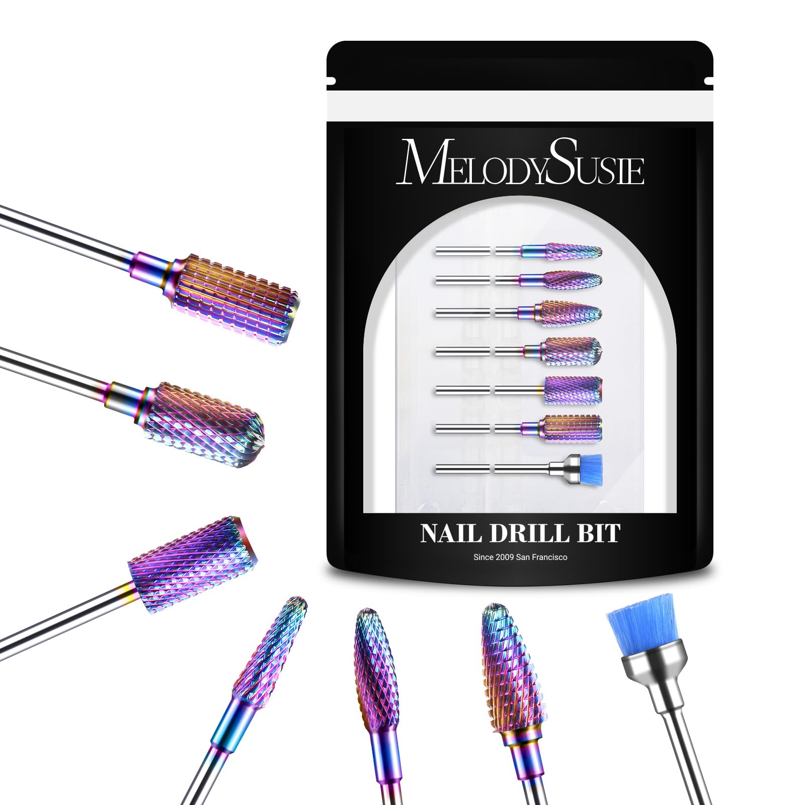 MelodySusie nail drill bits set 7pcs with assorted shapes for efficient acrylic removal