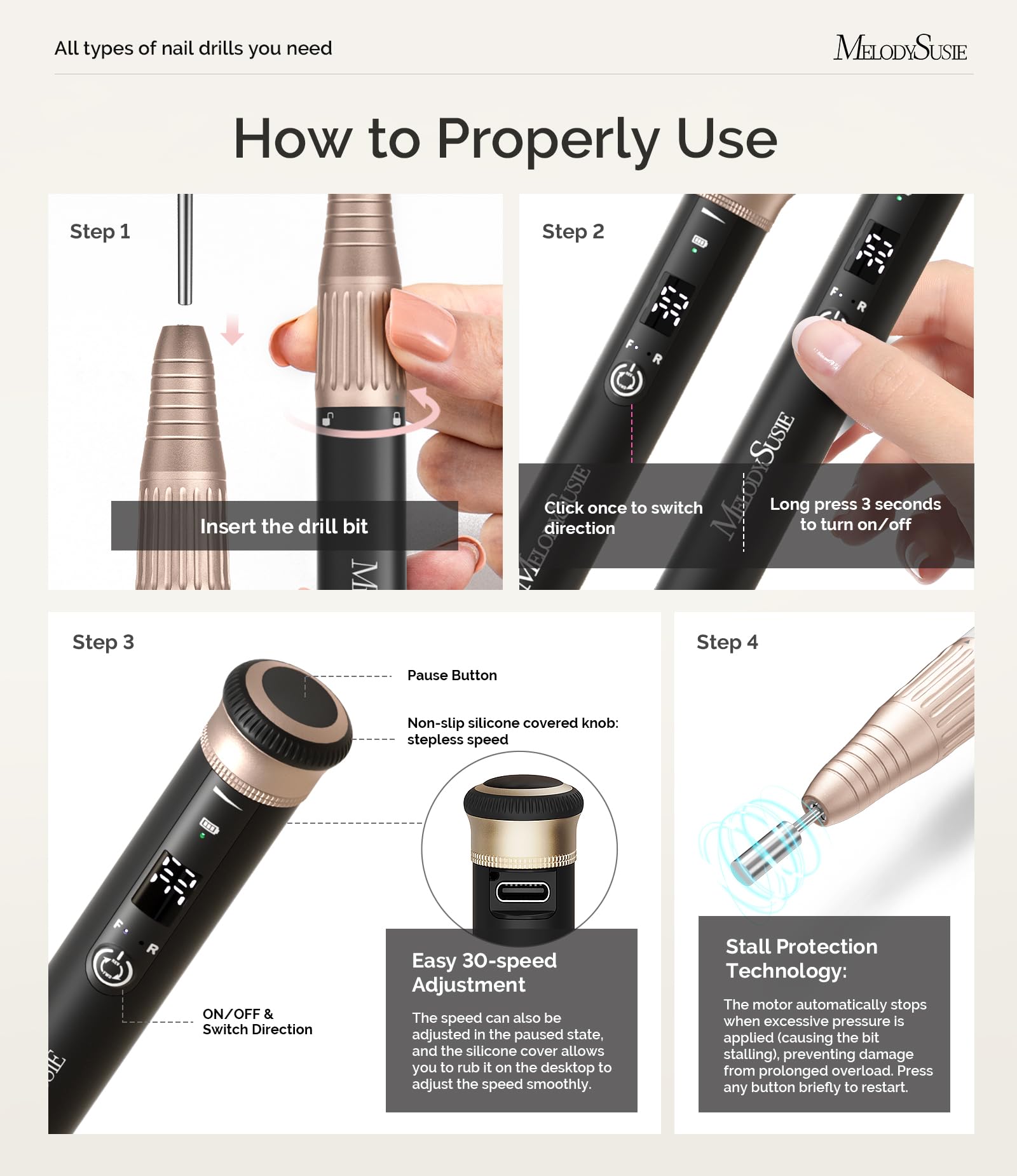 MelodySusie cordless charging base enables easy on-the-go manicures.