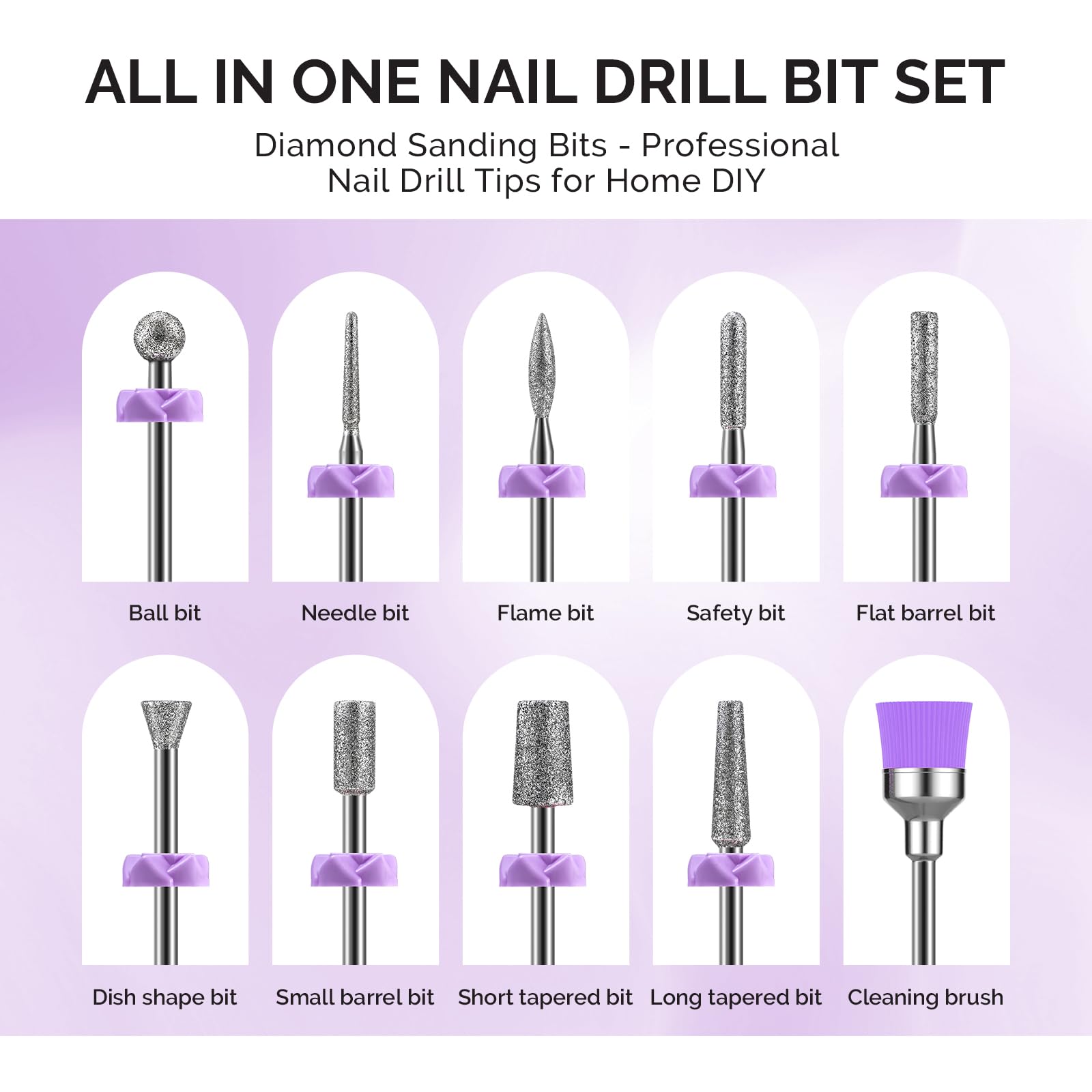 MelodySusie safety drill bits including ball, needle, and flame for safe cuticle cleanup.