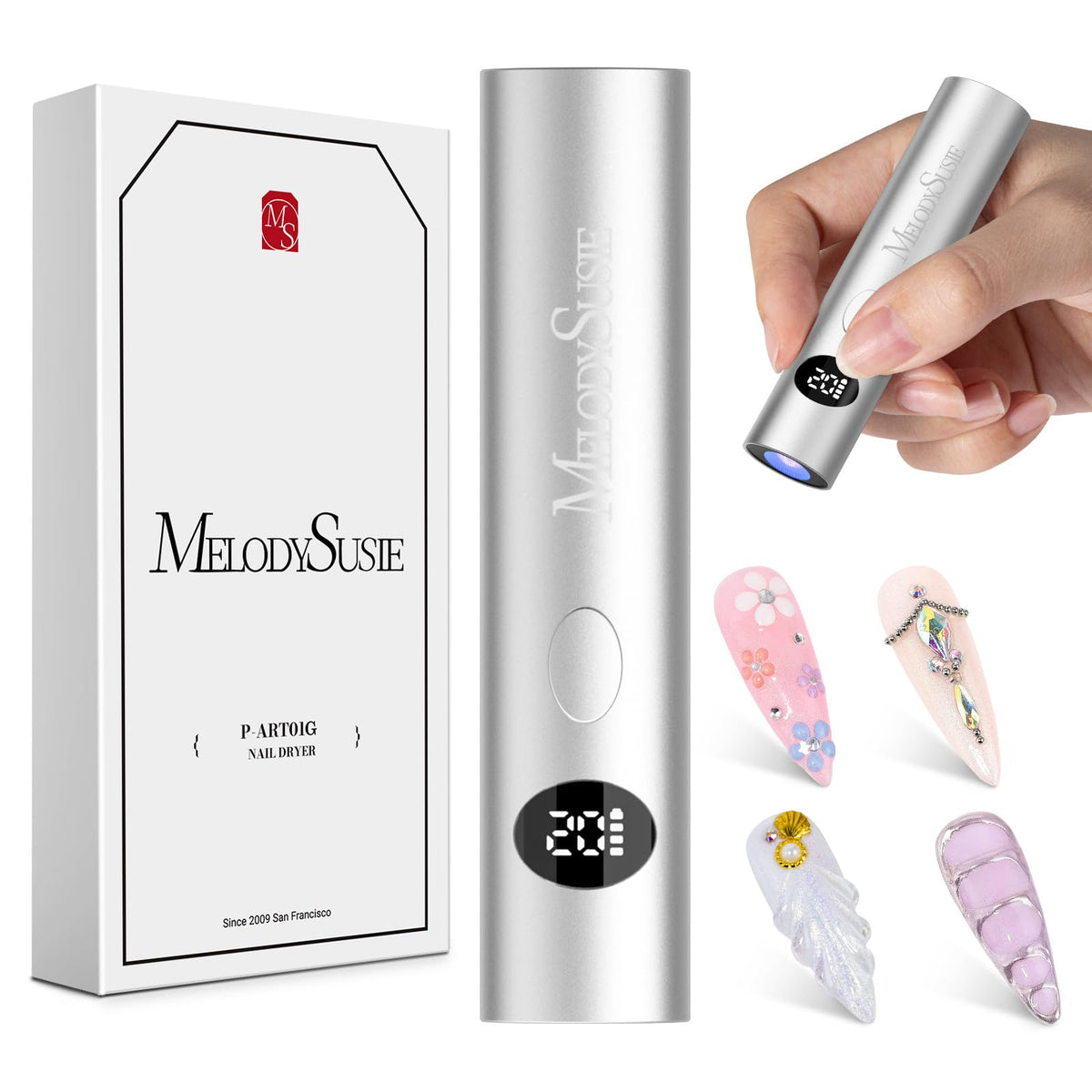 MelodySusie P-ART01G nail lamp front view for portable cordless gel curing on the go.