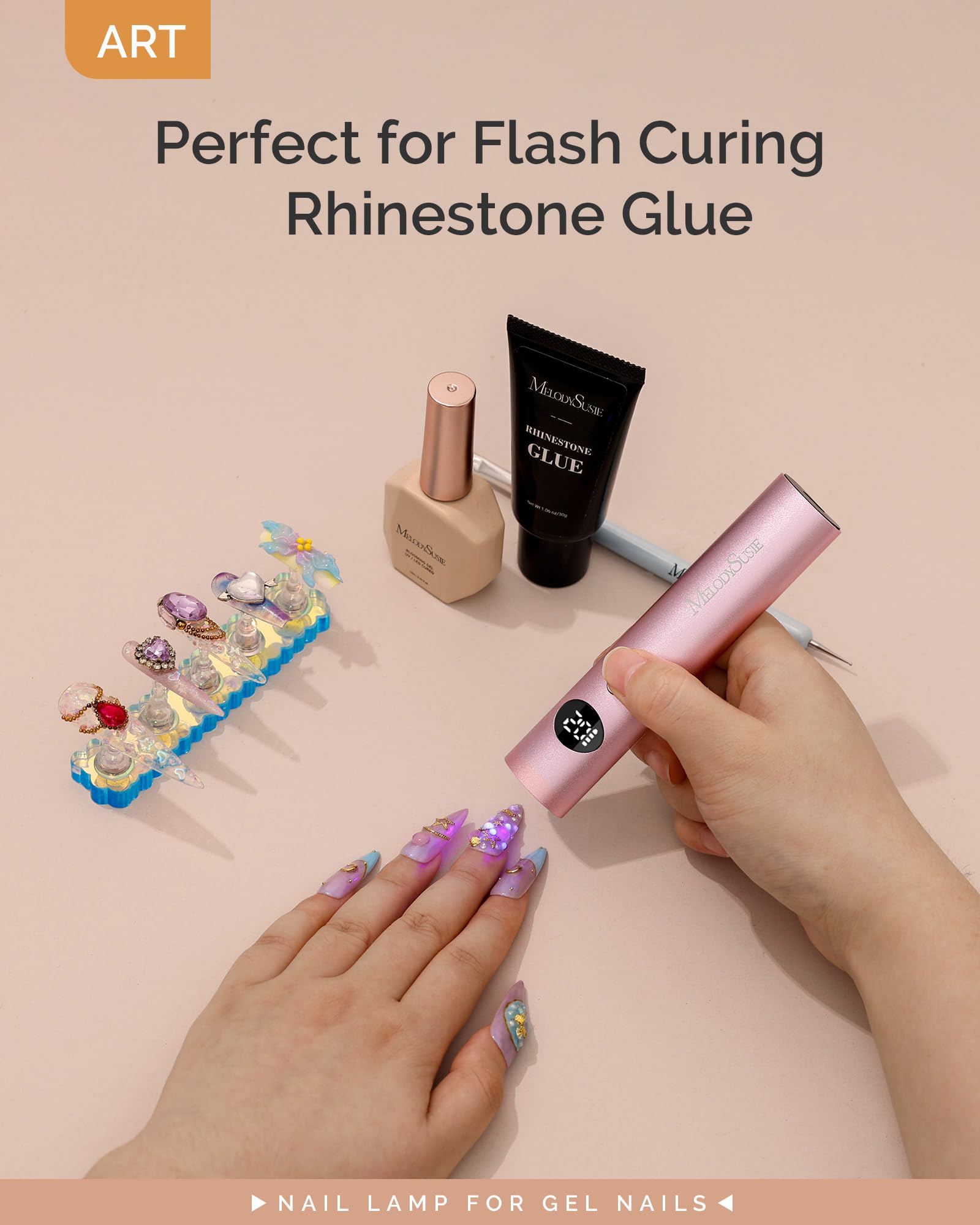 MelodySusie P-ART01G rhinestone glue application in nail art is supported.