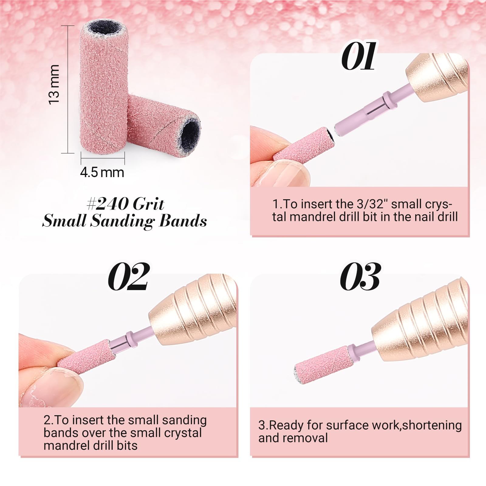 MelodySusie pink sanding bands add visibility during precise filing.