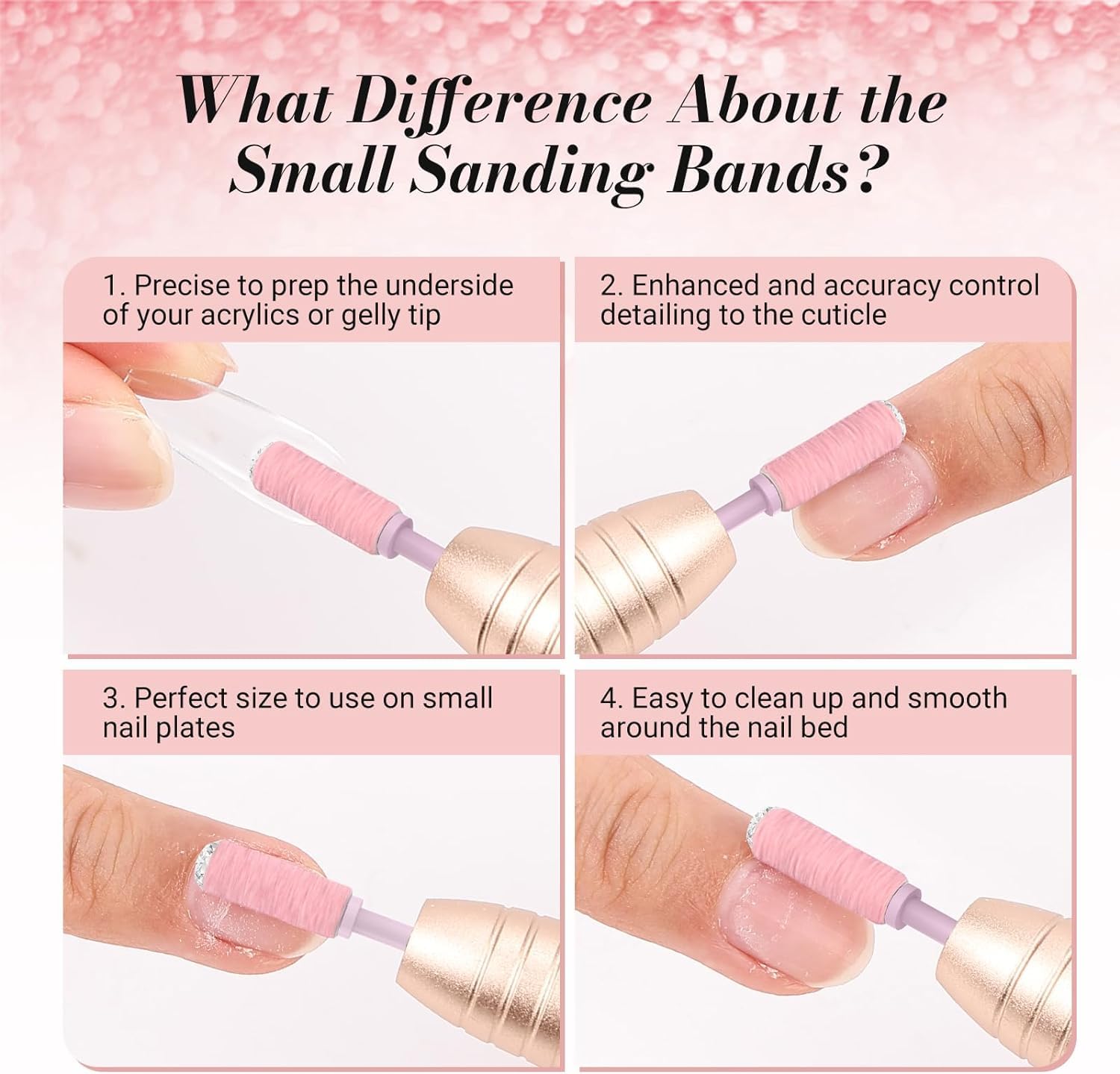 MelodySusie pink sanding bands on a nail drill for gel prep.