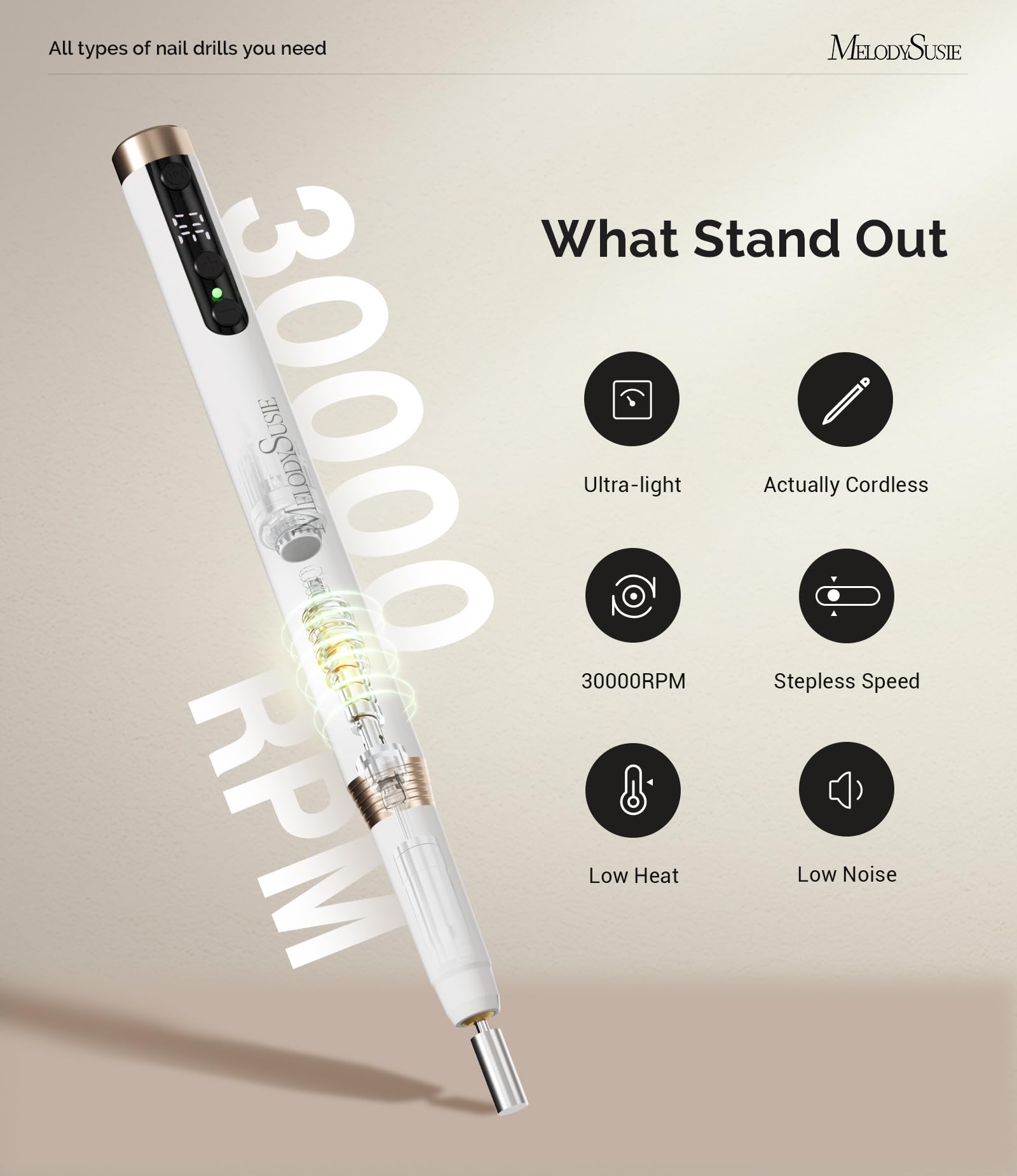 MelodySusie PM170F LED display close-up showing adjustable speeds for tailored nail care.