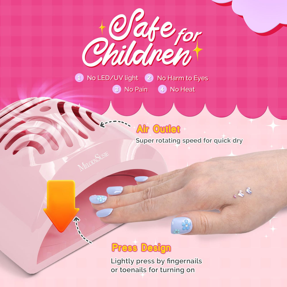 MelodySusie portable kids nail dryer in-use demonstrates easy press-switch operation.