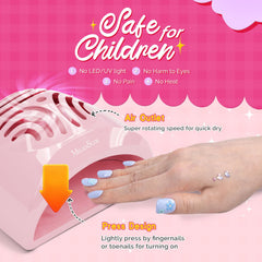 MelodySusie portable kids nail dryer in-use demonstrates easy press-switch operation.