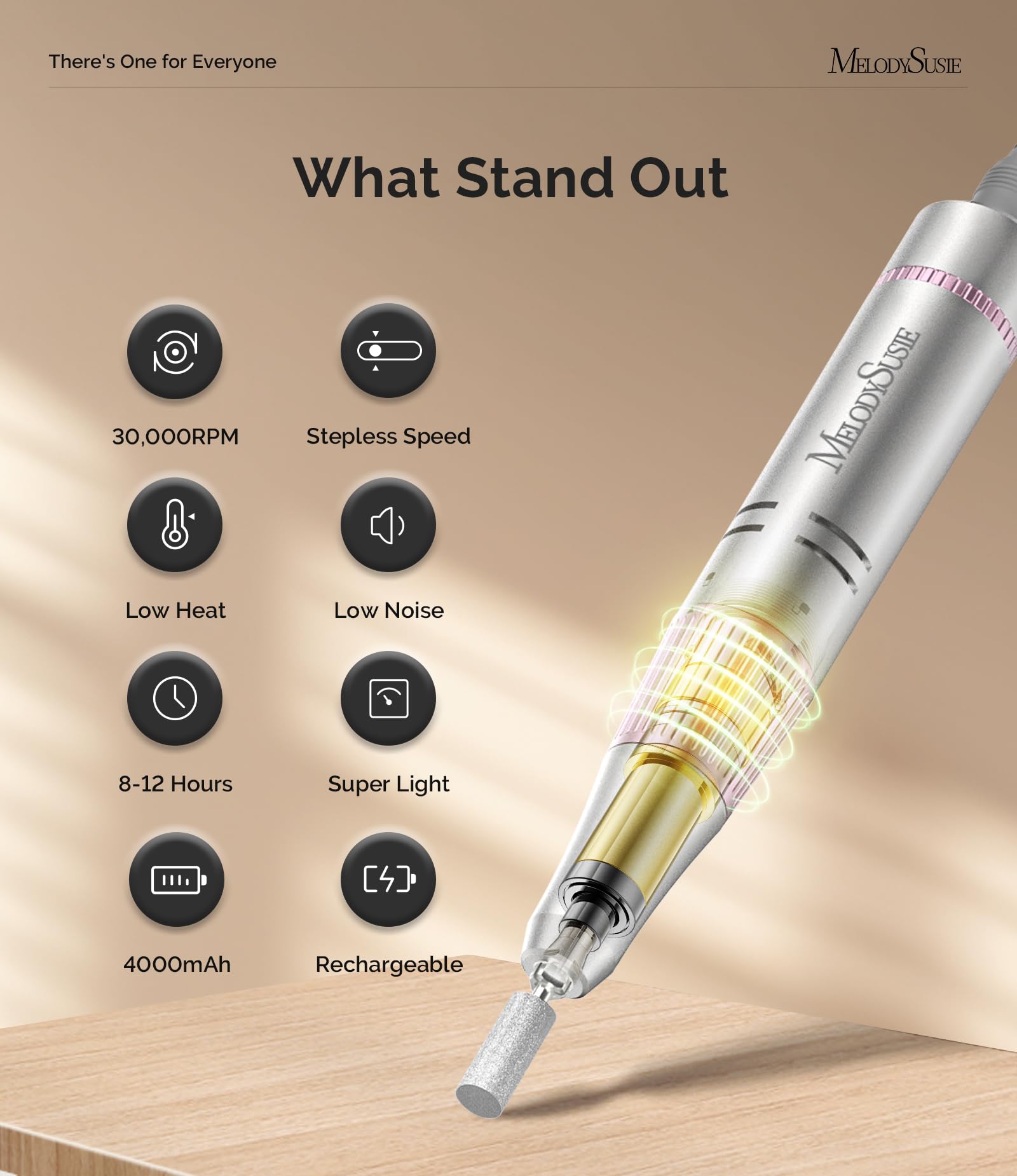 MelodySusie portable nail drill rose design emphasizes stylish ergonomics for comfortable use.