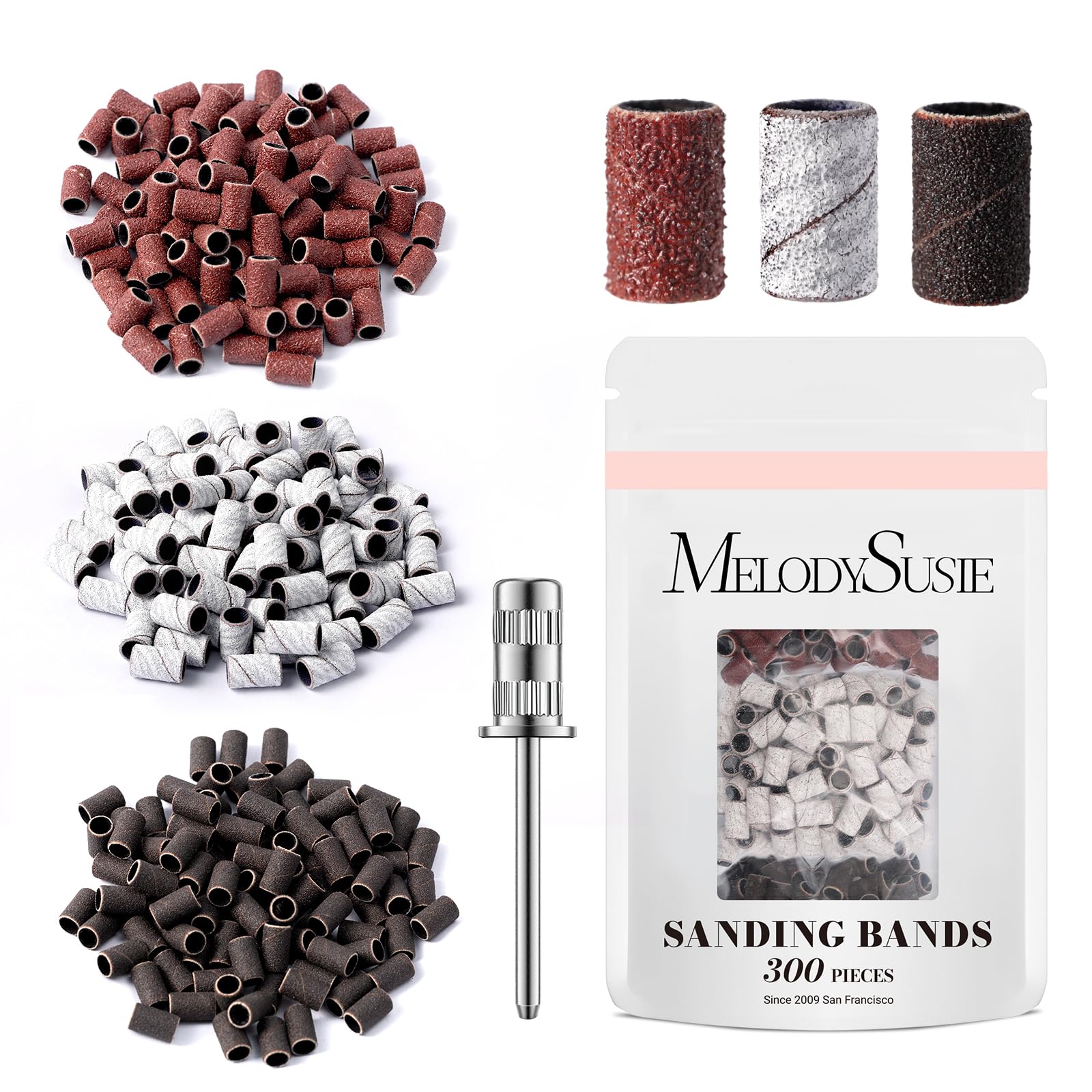 MelodySusie sanding bands 300pcs pack for versatile nail prep and shaping.