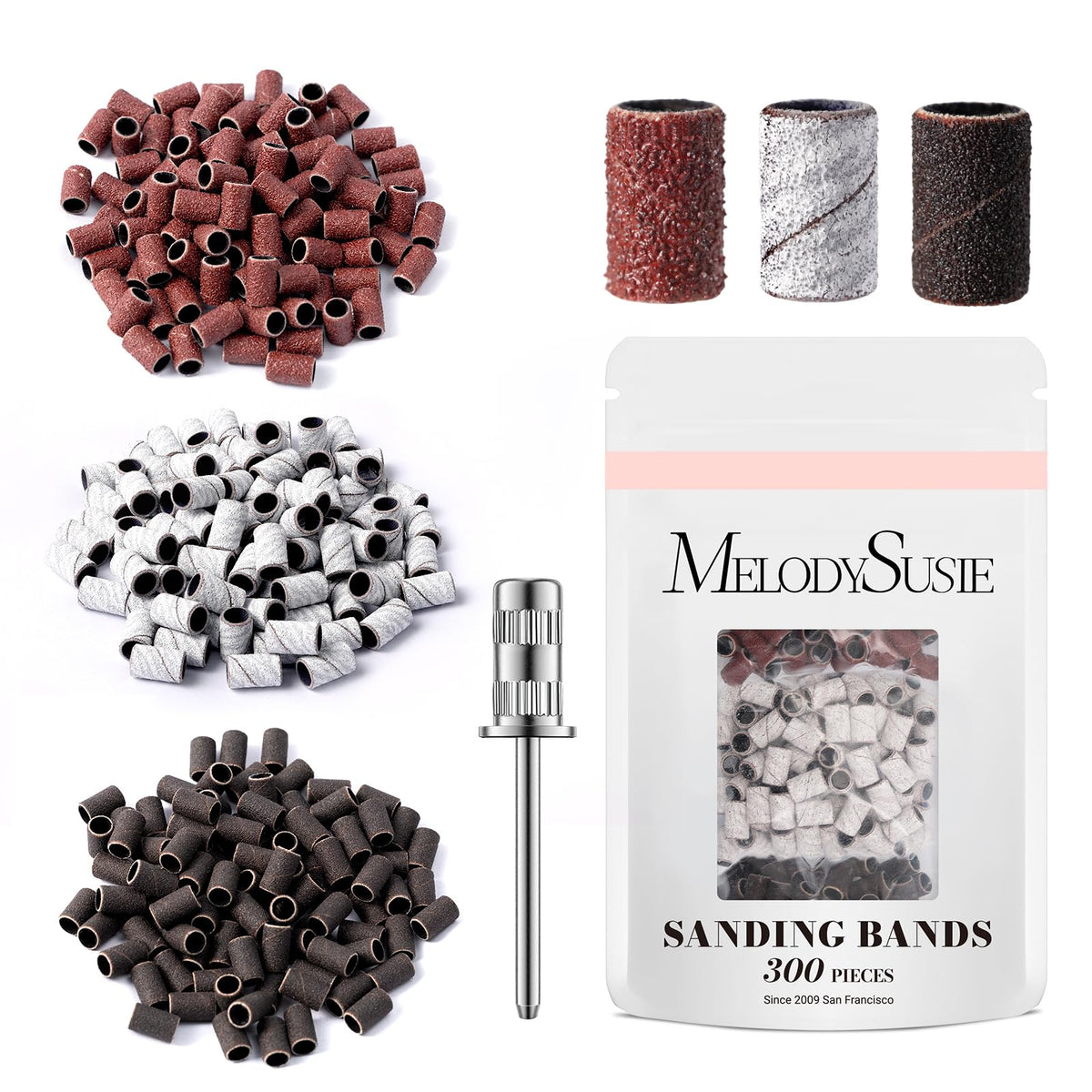 MelodySusie sanding bands 300pcs pack for versatile nail prep and shaping.