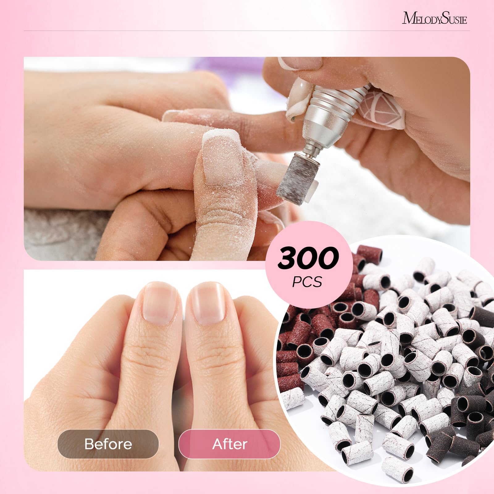 MelodySusie sanding bands in-use demonstrating compatibility with nail drill for professional results.