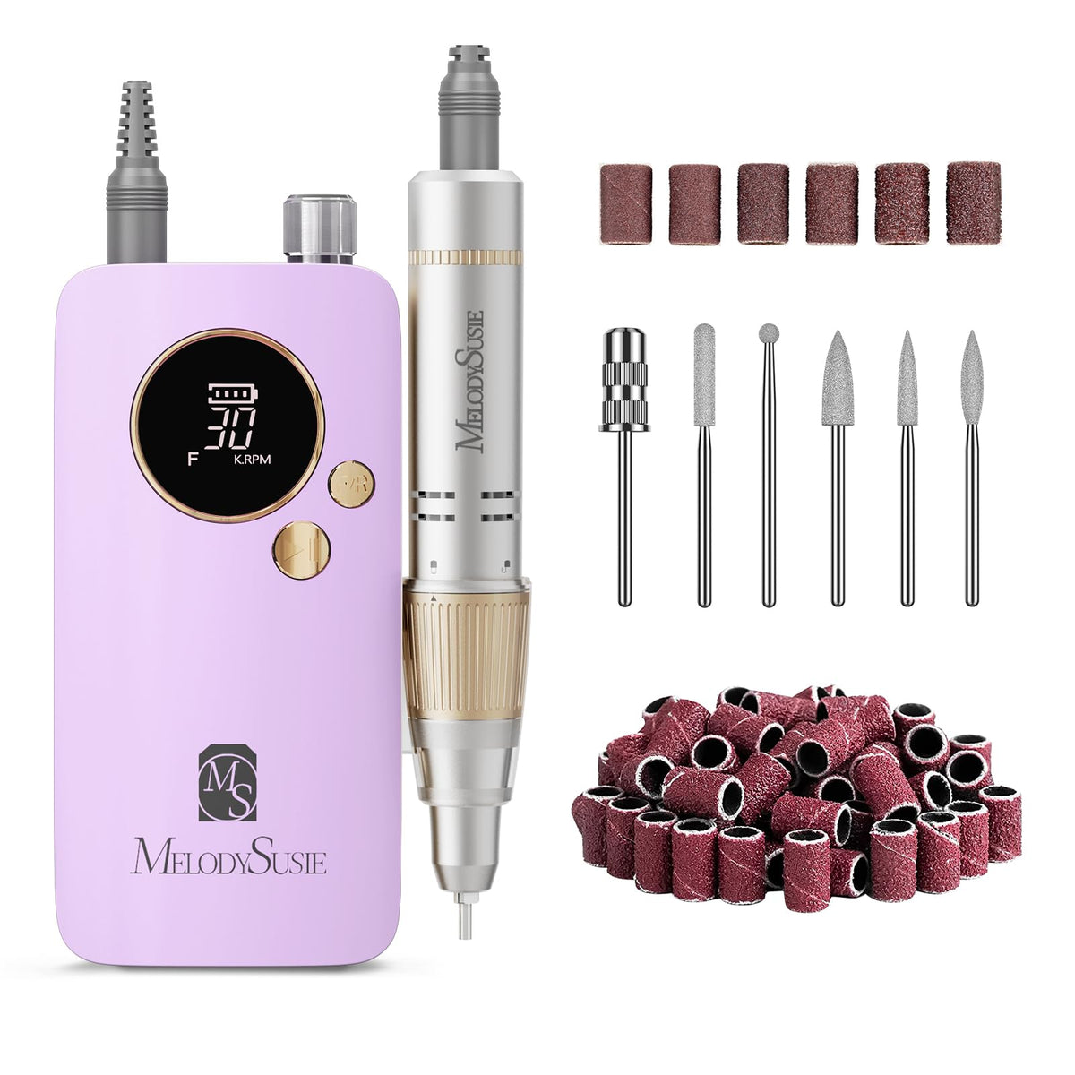 MelodySusie SC320F cordless purple nail drill in use for precise acrylic work