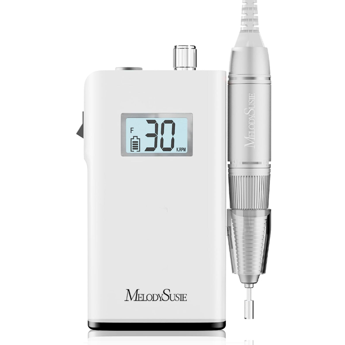 MelodySusie SC320H LCD display shows RPM and battery status for precise nail sessions.