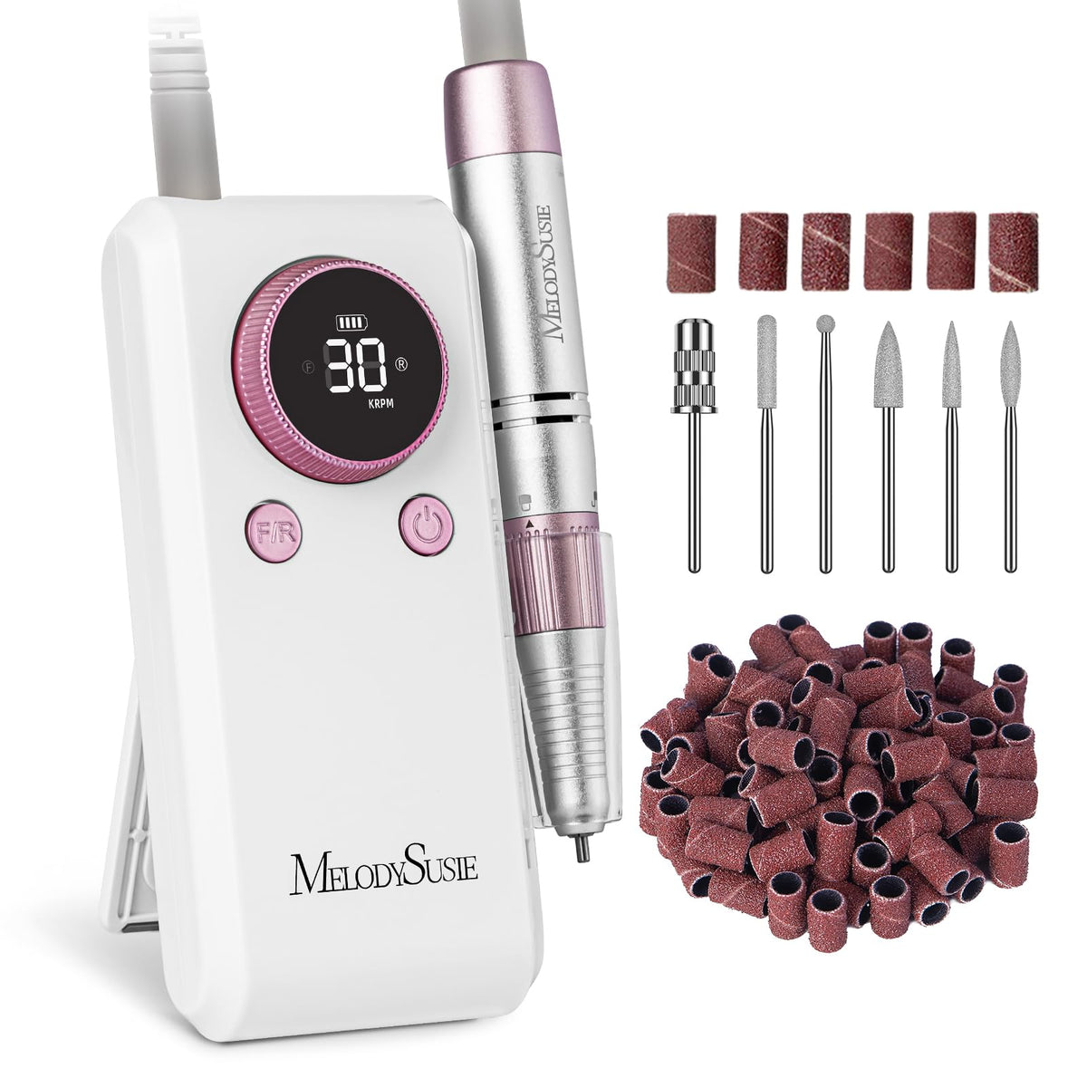 MelodySusie SC330G clip-on nail drill shown on belt for hands-free shaping